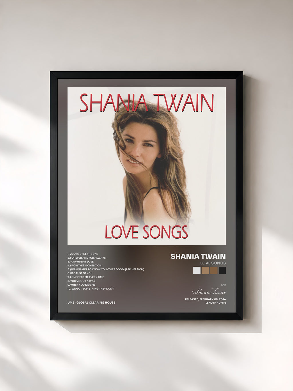 #noir Tableau de l'album Love Songs de Shania Twain, cadre noir, imprimé et encadré en France