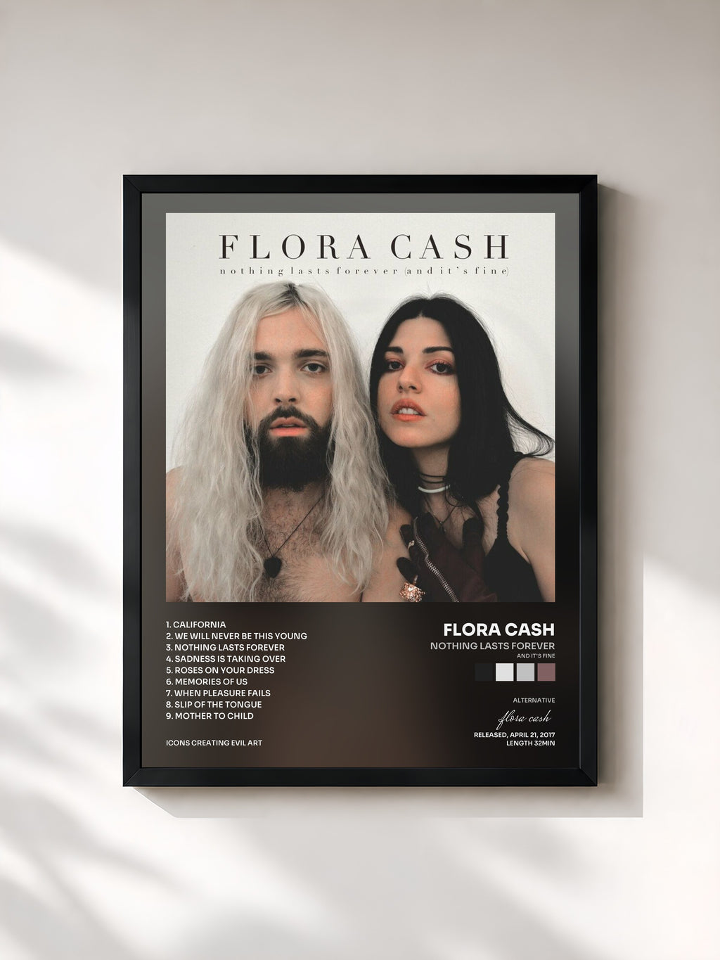 #noir Tableau de l'album Nothing Lasts Forever (And It's Fine) de flora cash, cadre noir, imprimé et encadré en France
