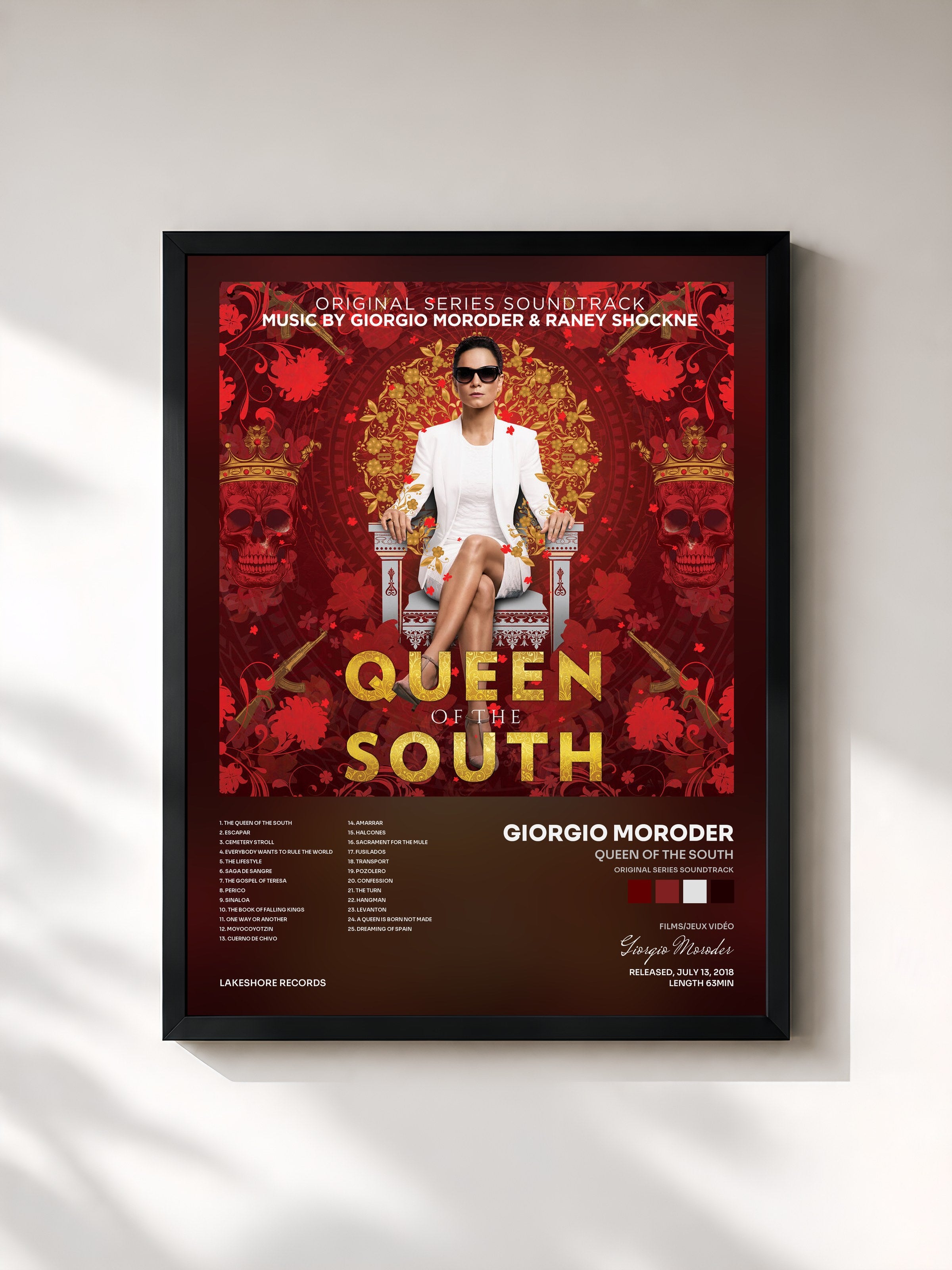 #noir Tableau de l'album Queen of the South (Original Series Soundtrack) de Giorgio Moroder, cadre noir, imprimé et encadré en France
