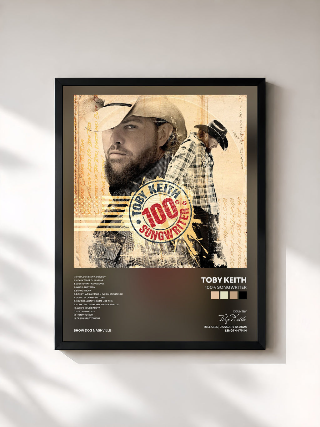 #noir Tableau de l'album 100% Songwriter de Toby Keith, cadre noir, imprimé et encadré en France