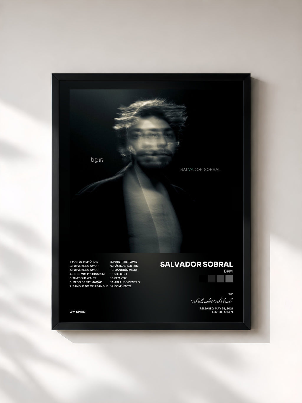 #noir Tableau de l'album bpm de Salvador Sobral, cadre noir, imprimé et encadré en France