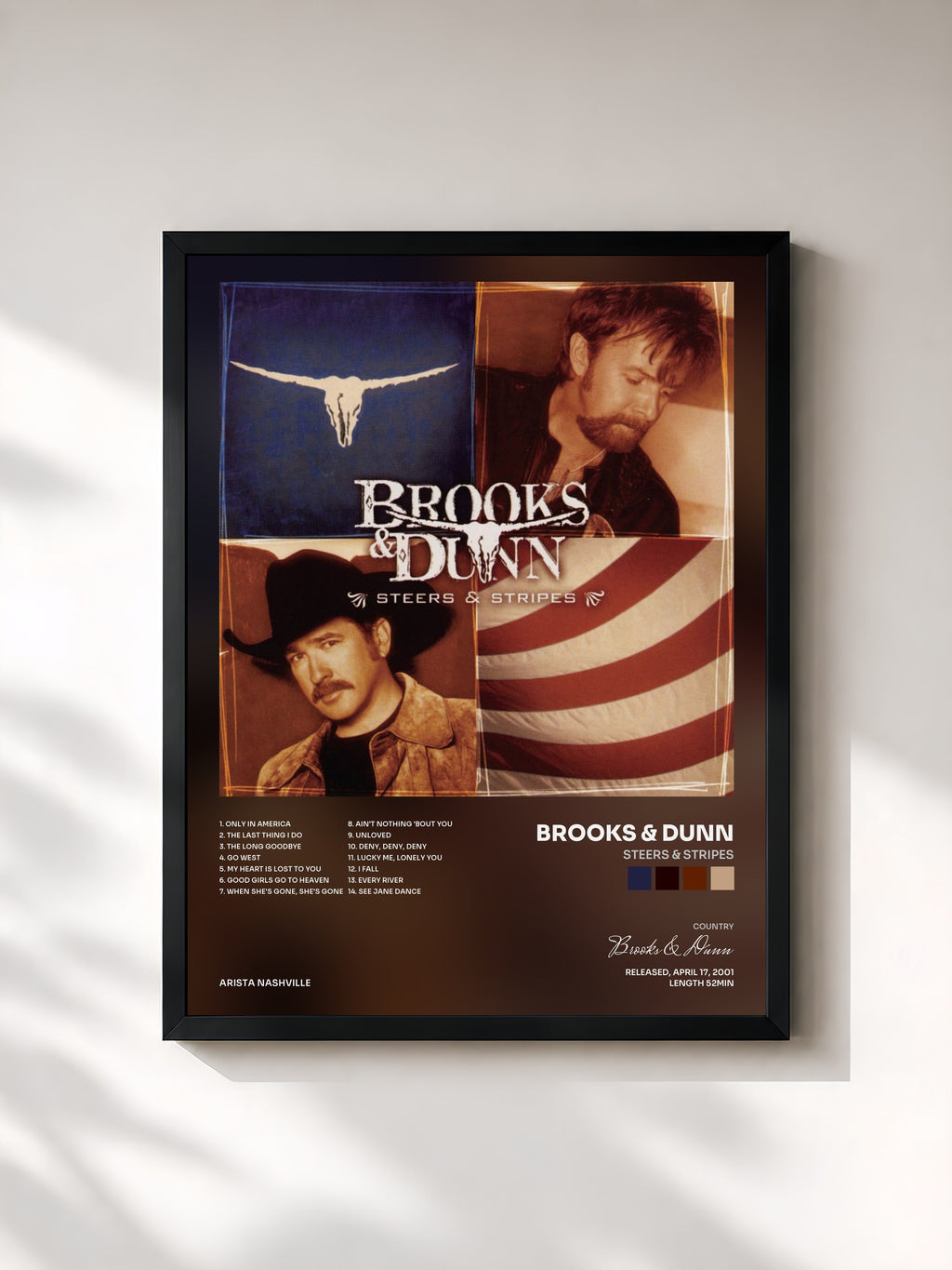 #noir Tableau de l'album Steers & Stripes de Brooks & Dunn, cadre noir, imprimé et encadré en France