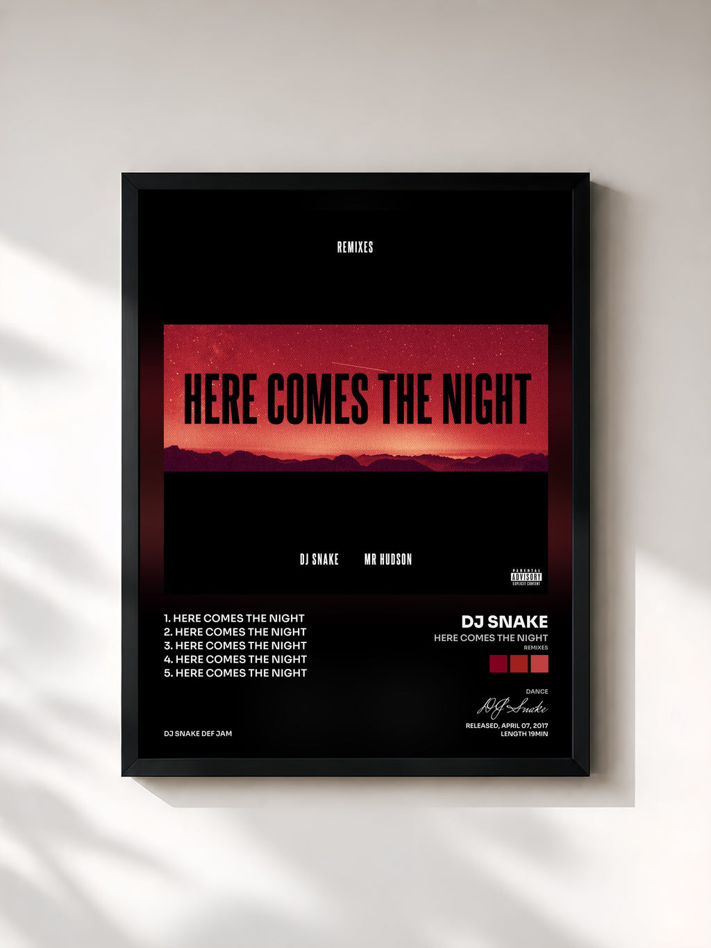#noir Tableau de l'album Here Comes The Night (Remixes) de DJ Snake, cadre noir, imprimé et encadré en France