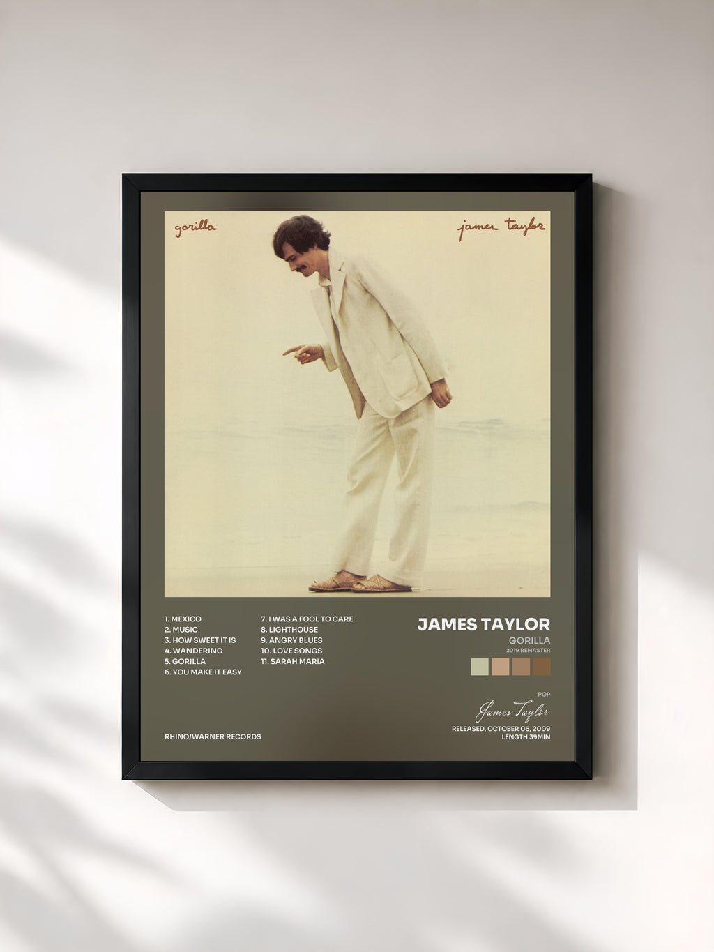 #noir Tableau de l'album Gorilla (2019 Remaster) de James Taylor, cadre noir, imprimé et encadré en France