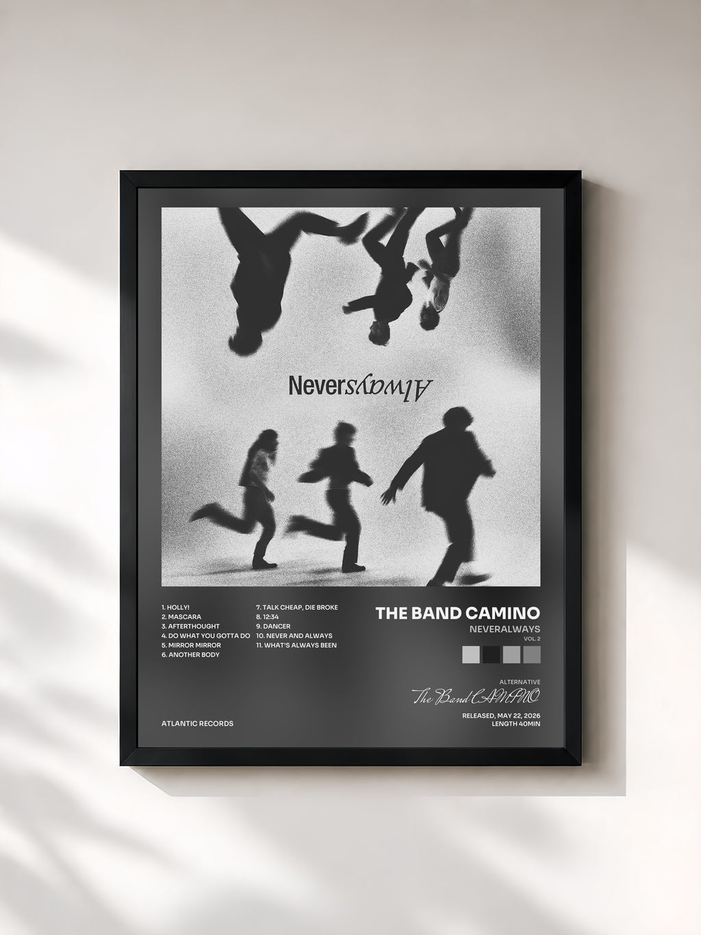 #noir Tableau de l'album NeverAlways (Vol. 2) de The Band CAMINO, cadre noir, imprimé et encadré en France