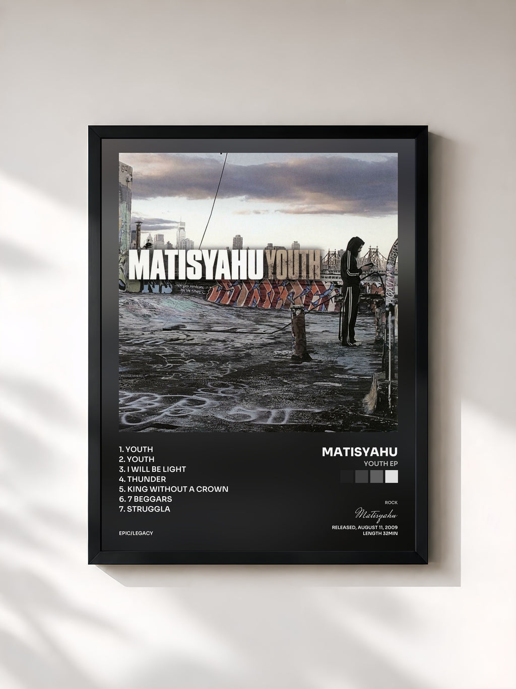#noir Tableau de l'album Youth EP de Matisyahu, cadre noir, imprimé et encadré en France