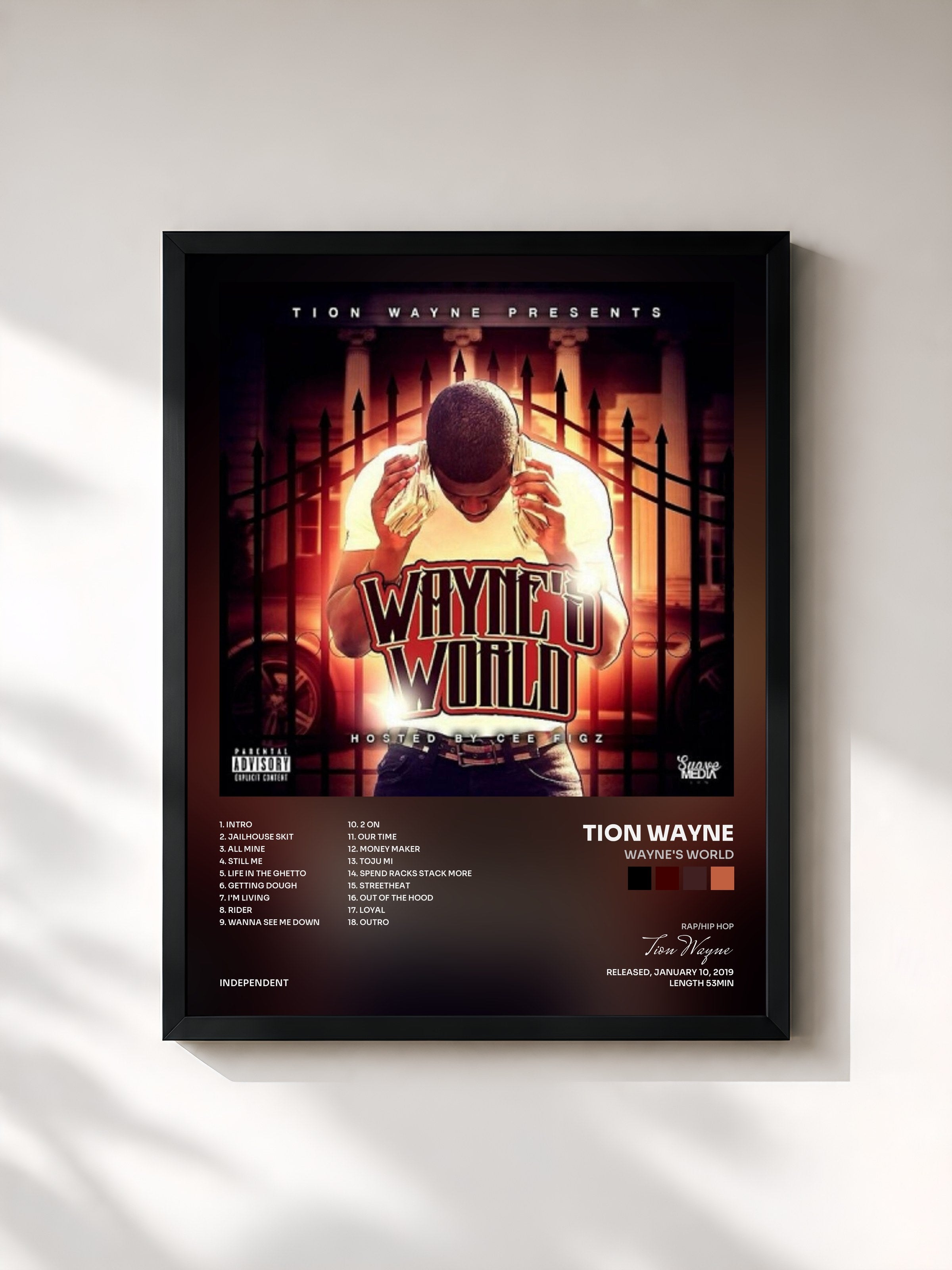 #noir Tableau de l'album Wayne's World de Tion Wayne, cadre noir, imprimé et encadré en France