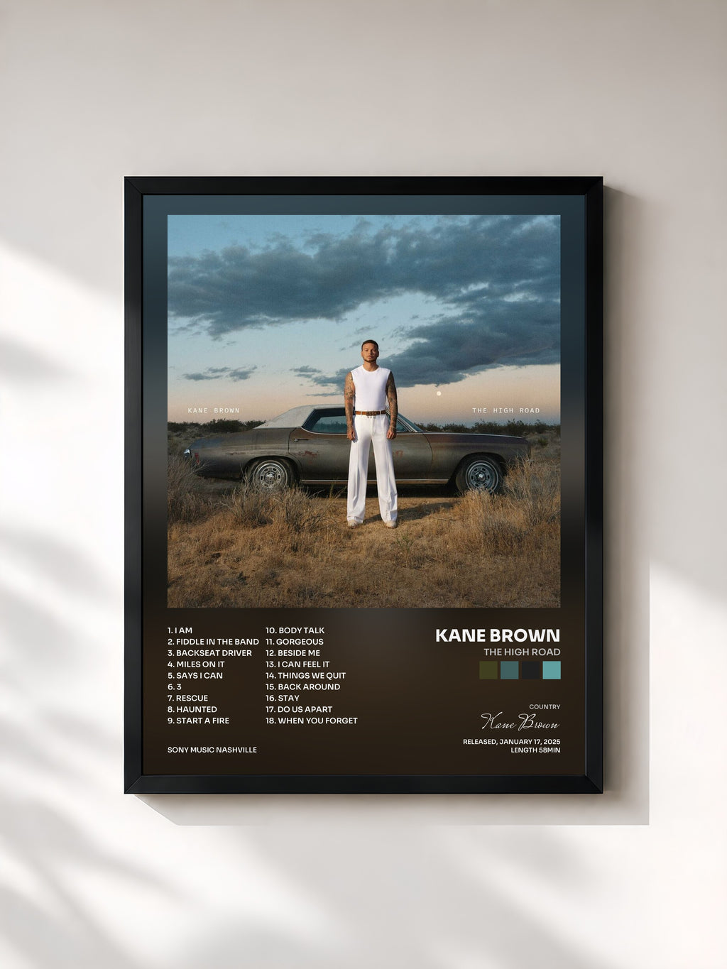 #noir Tableau de l'album The High Road de Kane Brown, cadre noir, imprimé et encadré en France