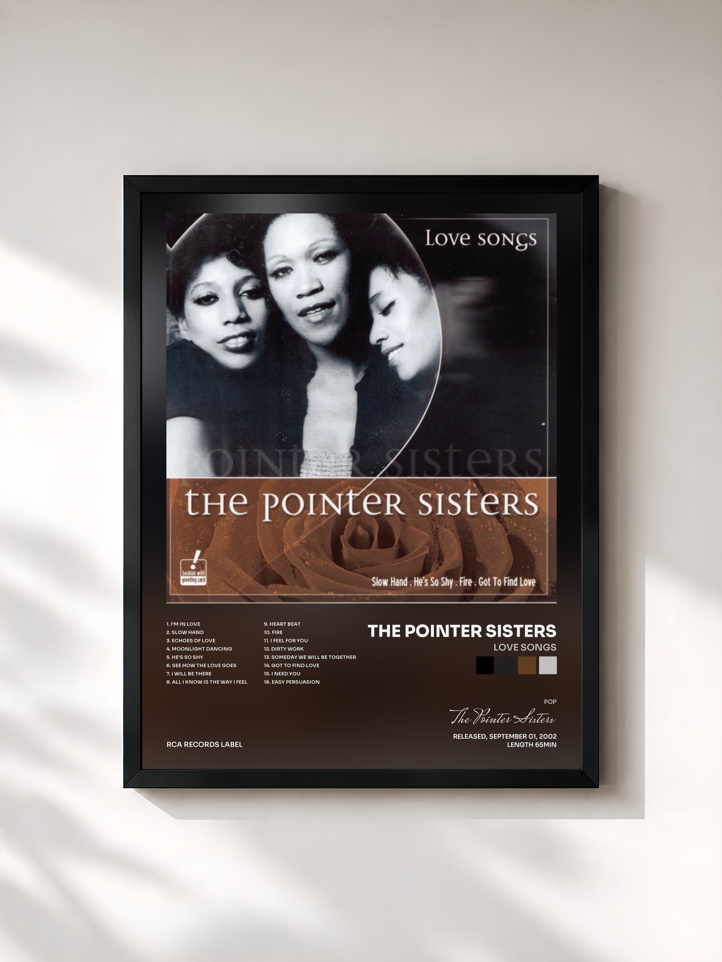 #noir Tableau de l'album Love Songs de The Pointer Sisters, cadre noir, imprimé et encadré en France