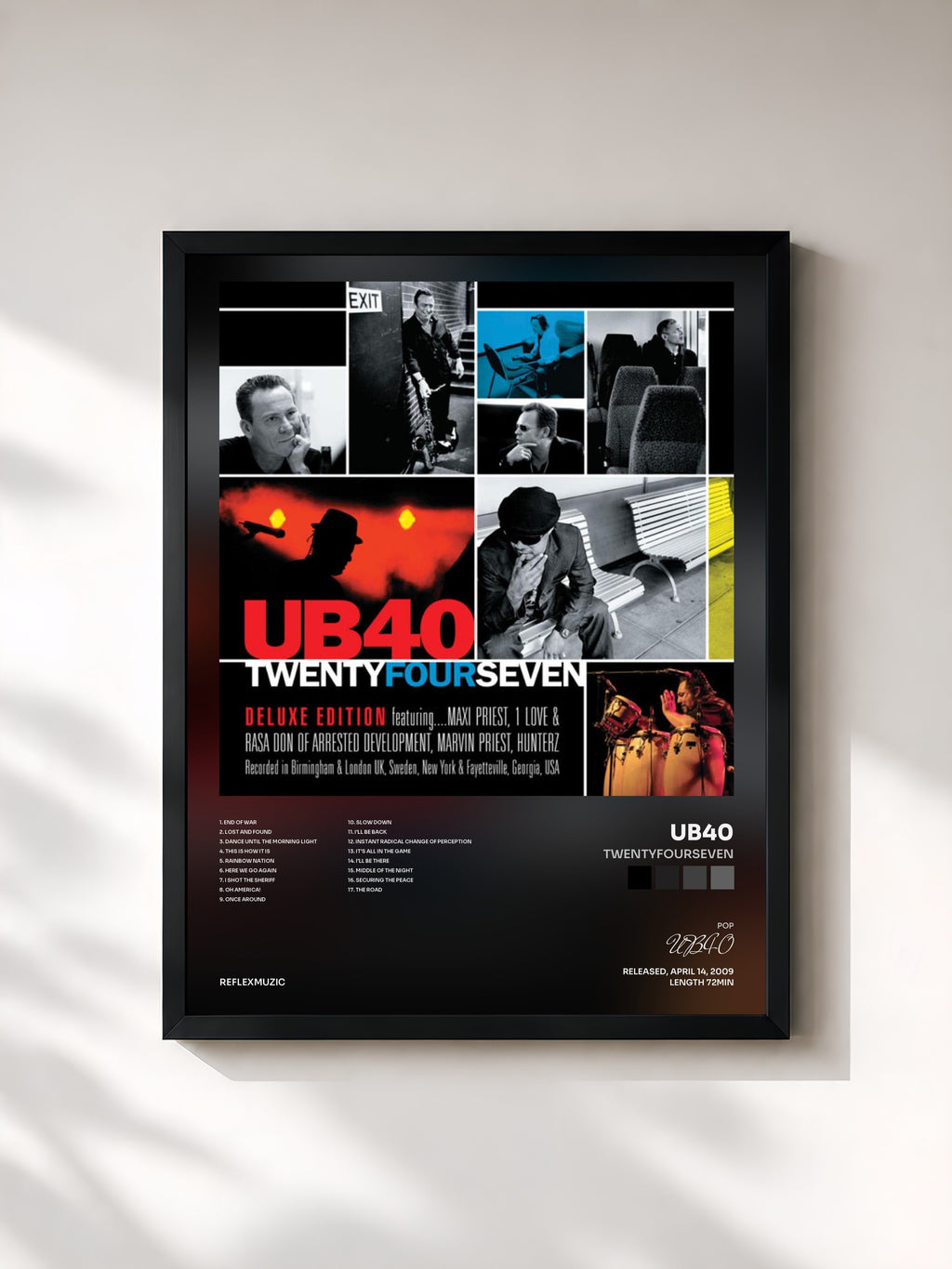 #noir Tableau de l'album TwentyFourSeven de UB40, cadre noir, imprimé et encadré en France