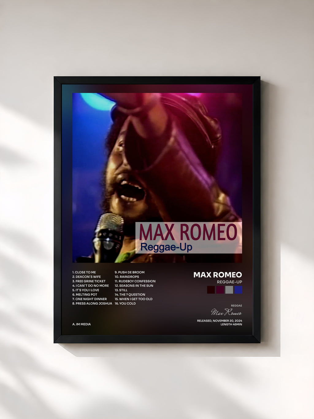 #noir Tableau de l'album Reggae-Up de Max Romeo, cadre noir, imprimé et encadré en France
