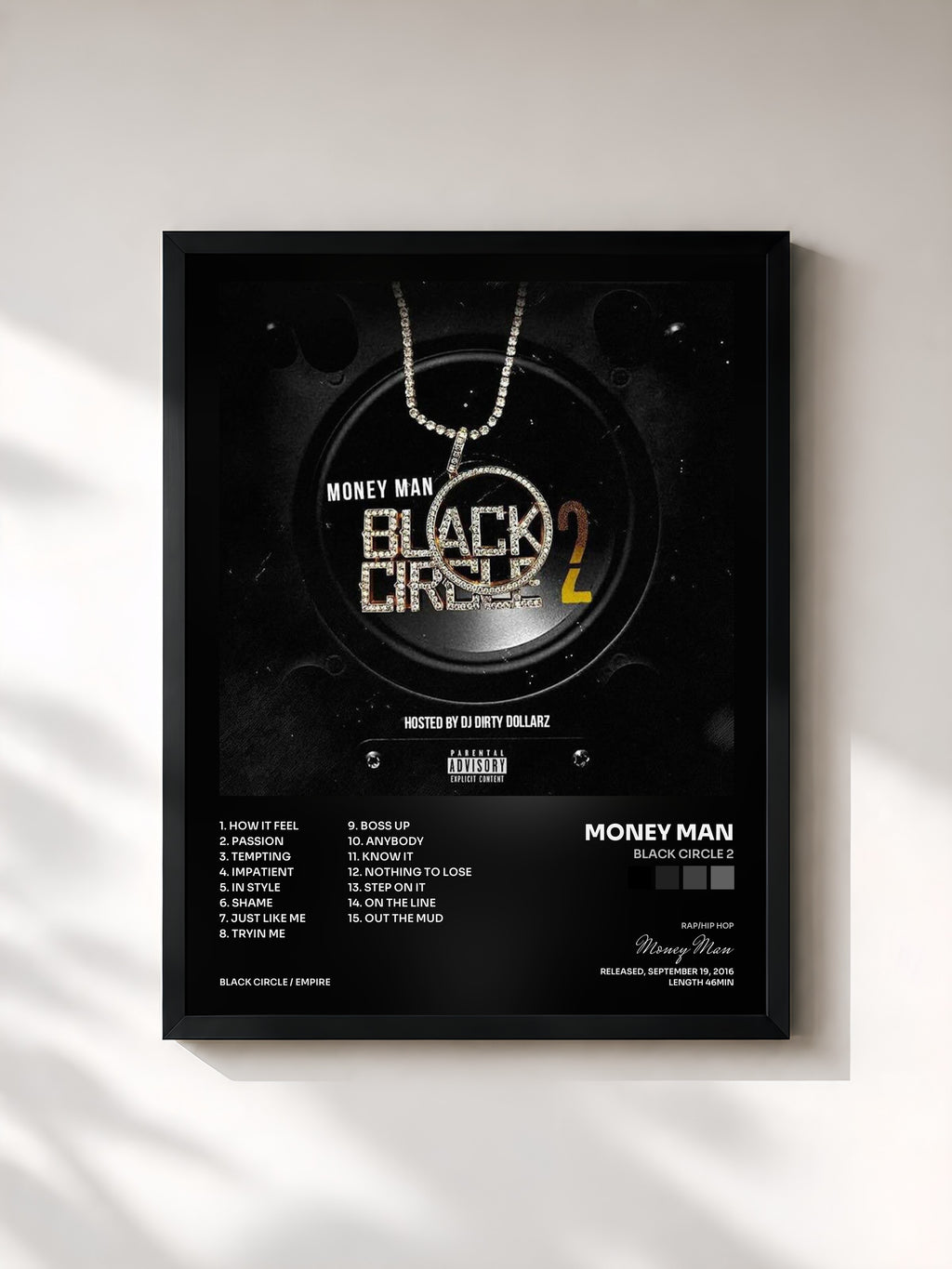 #noir Tableau de l'album Black Circle 2 de Money Man, cadre noir, imprimé et encadré en France