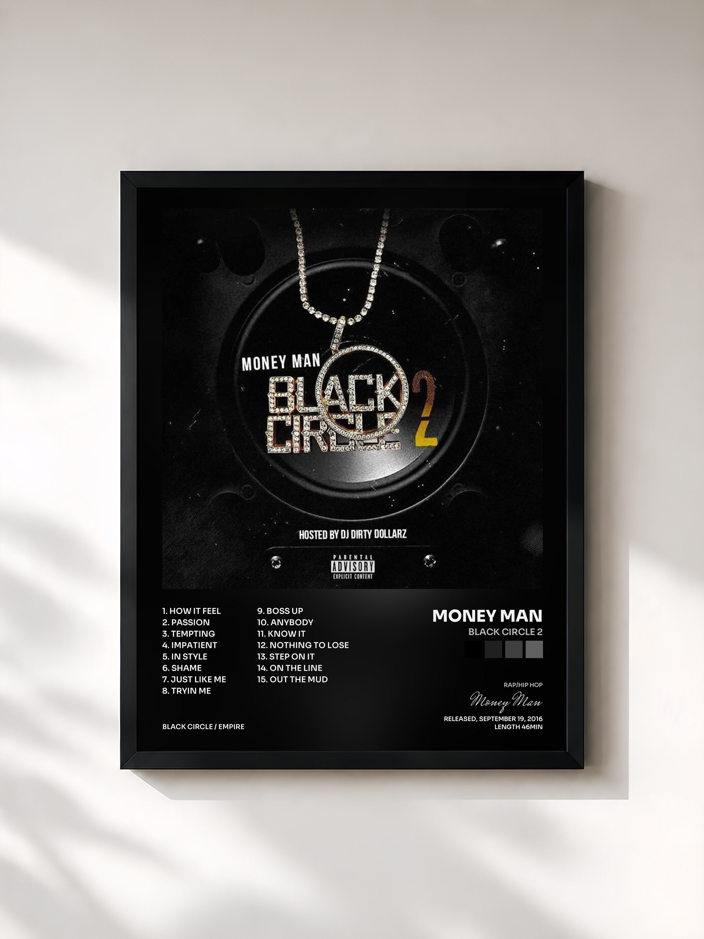 #noir Tableau de l'album Black Circle 2 de Money Man, cadre noir, imprimé et encadré en France