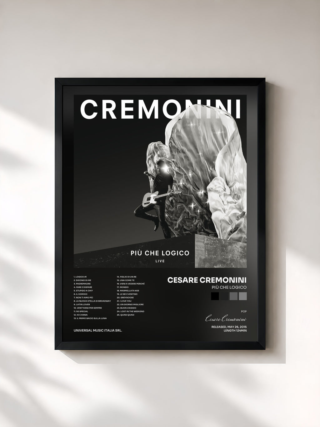 #noir Tableau de l'album Più Che Logico de Cesare Cremonini, cadre noir, imprimé et encadré en France