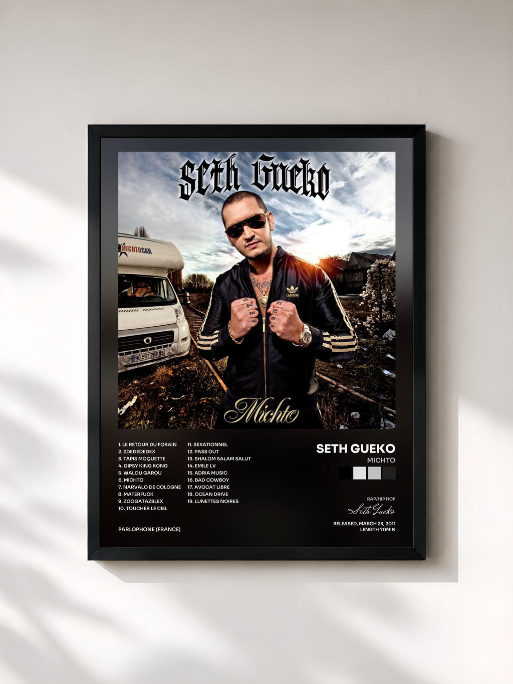 #noir Tableau de l'album Michto de Seth Gueko, cadre noir, imprimé et encadré en France