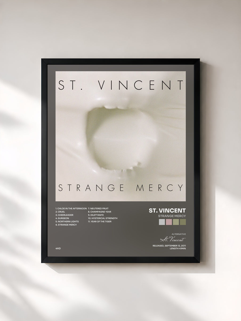 #noir Tableau de l'album Strange Mercy de St. Vincent, cadre noir, imprimé et encadré en France