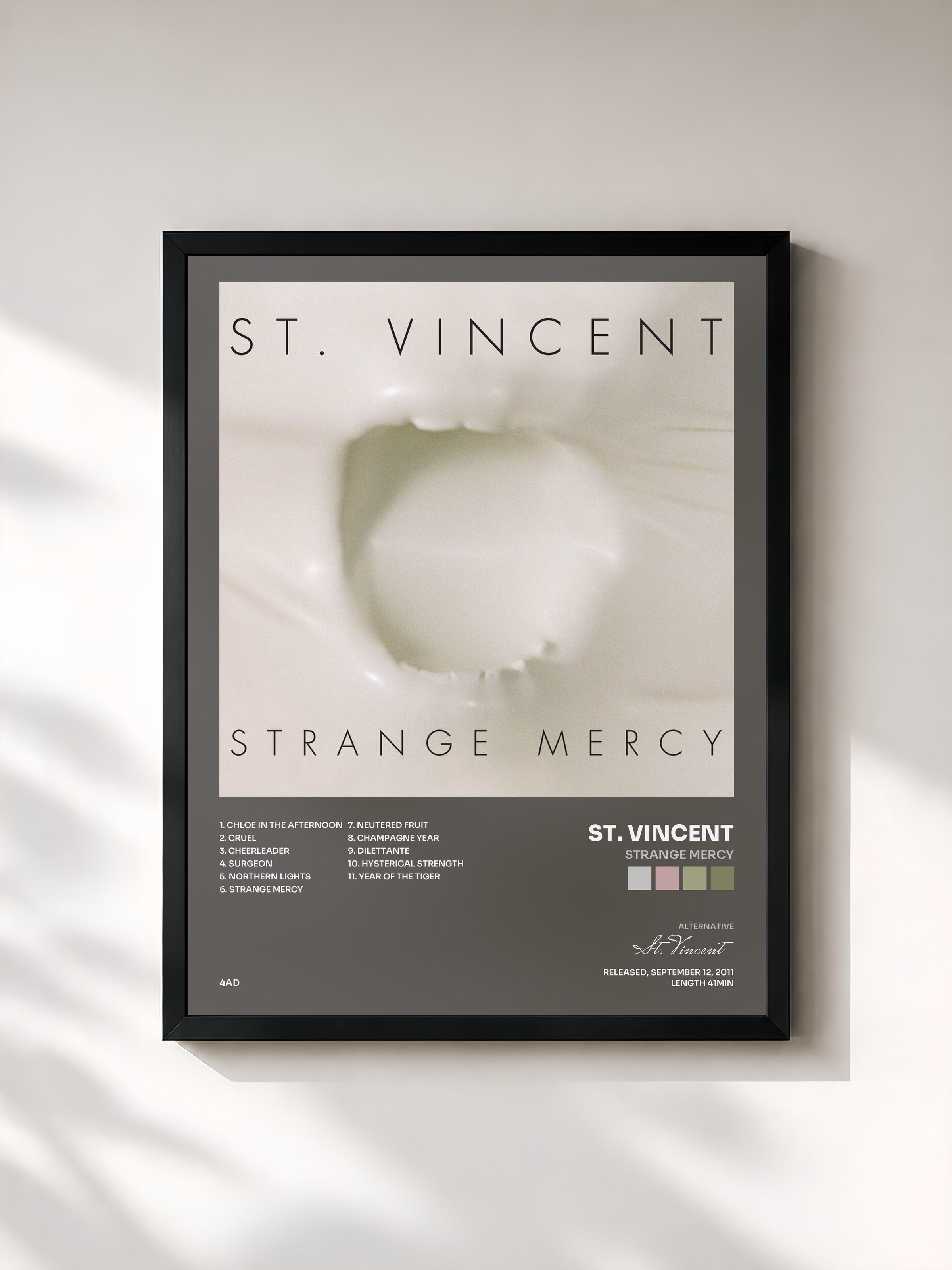 #noir Tableau de l'album Strange Mercy de St. Vincent, cadre noir, imprimé et encadré en France