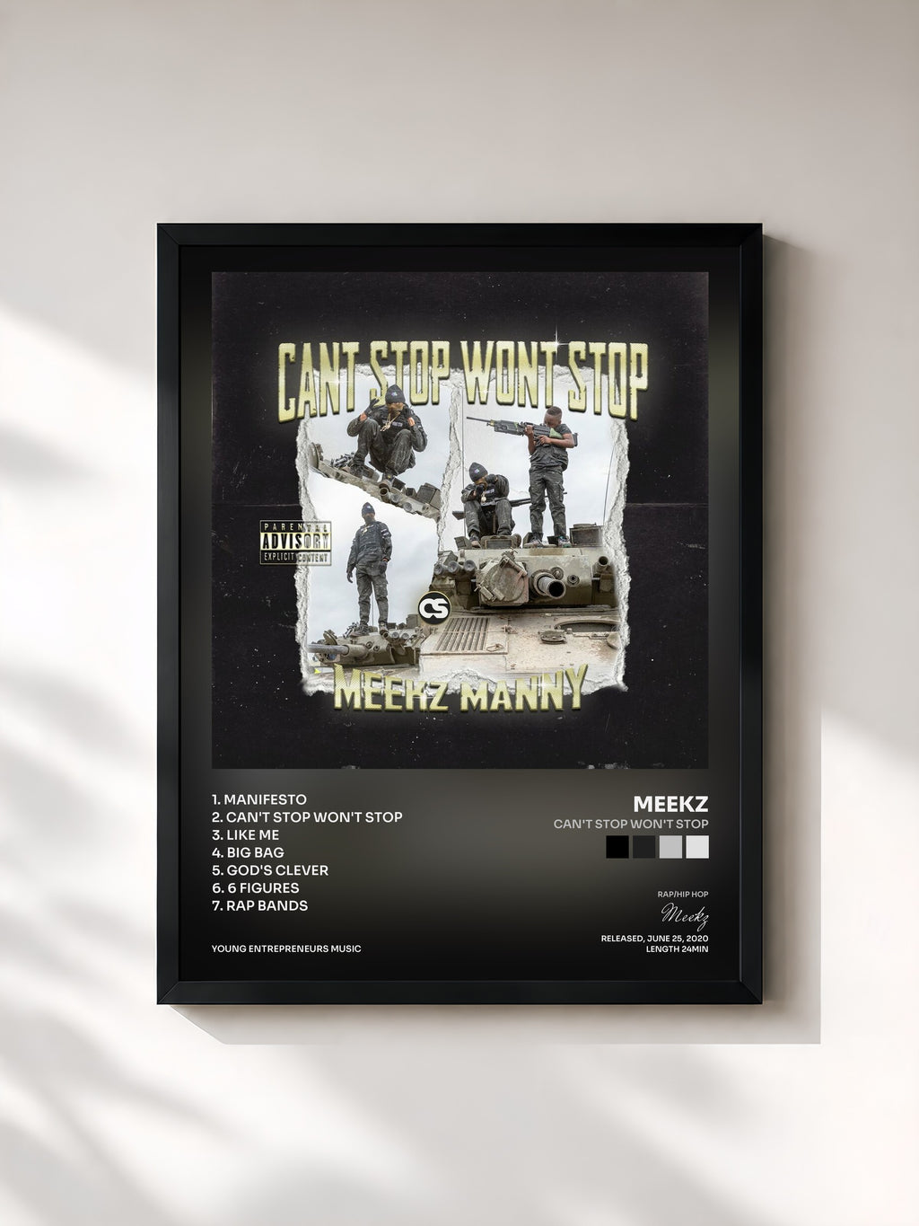 #noir Tableau de l'album Can't Stop Won't Stop de Meekz, cadre noir, imprimé et encadré en France