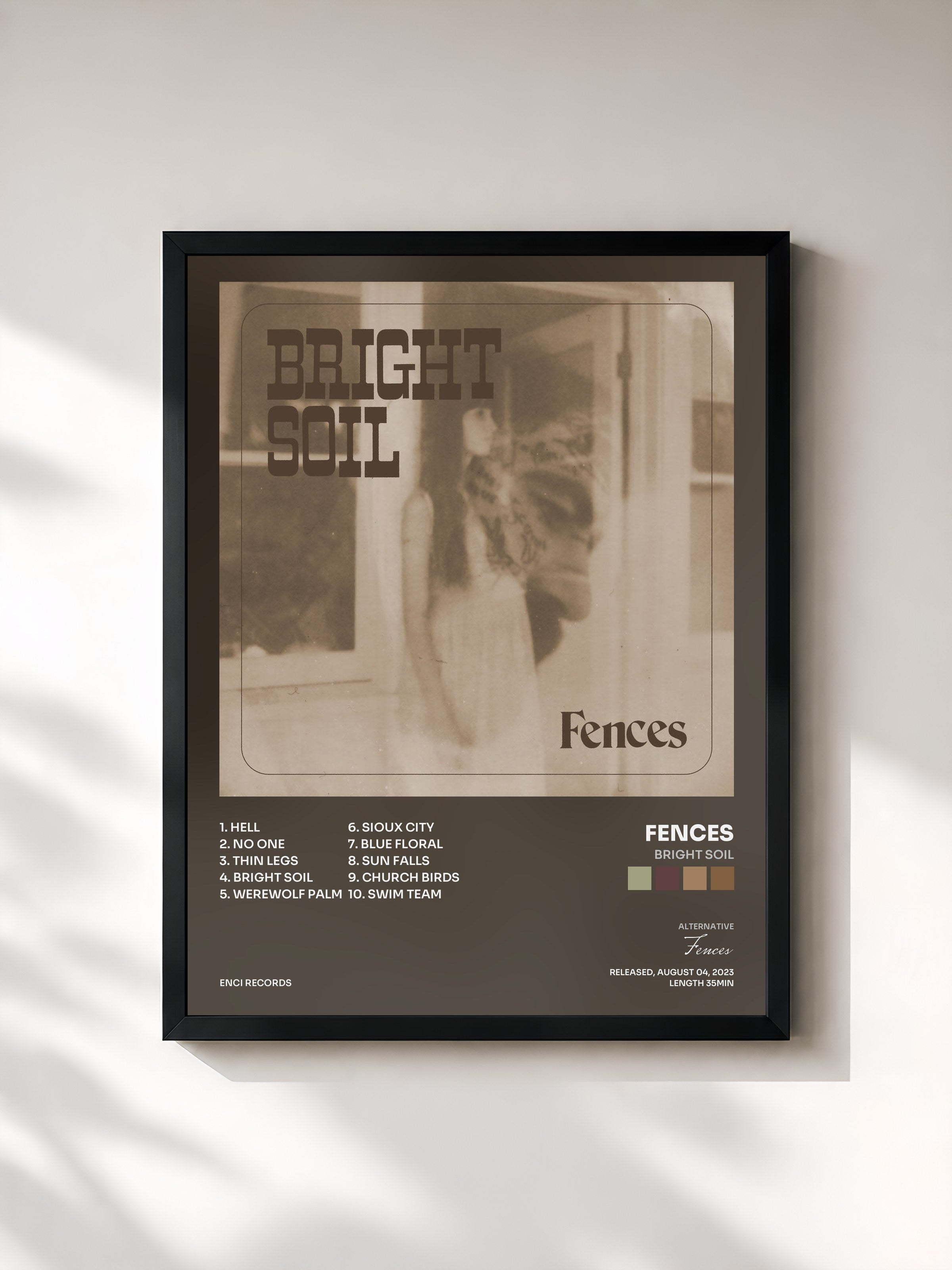 #noir Tableau de l'album Bright Soil de Fences, cadre noir, imprimé et encadré en France