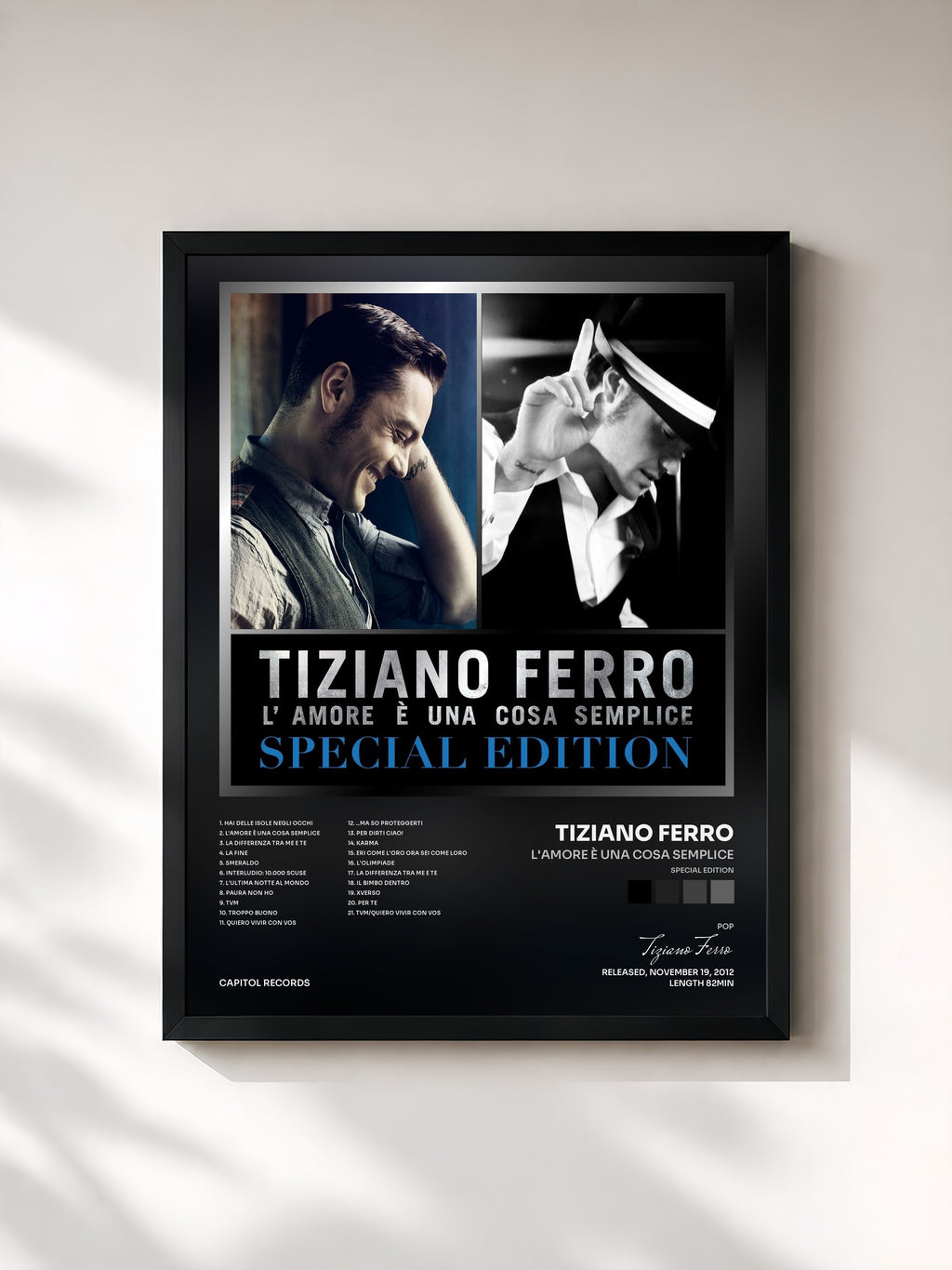 #noir Tableau de l'album L'amore è una cosa semplice (Special Edition) de Tiziano Ferro, cadre noir, imprimé et encadré en France