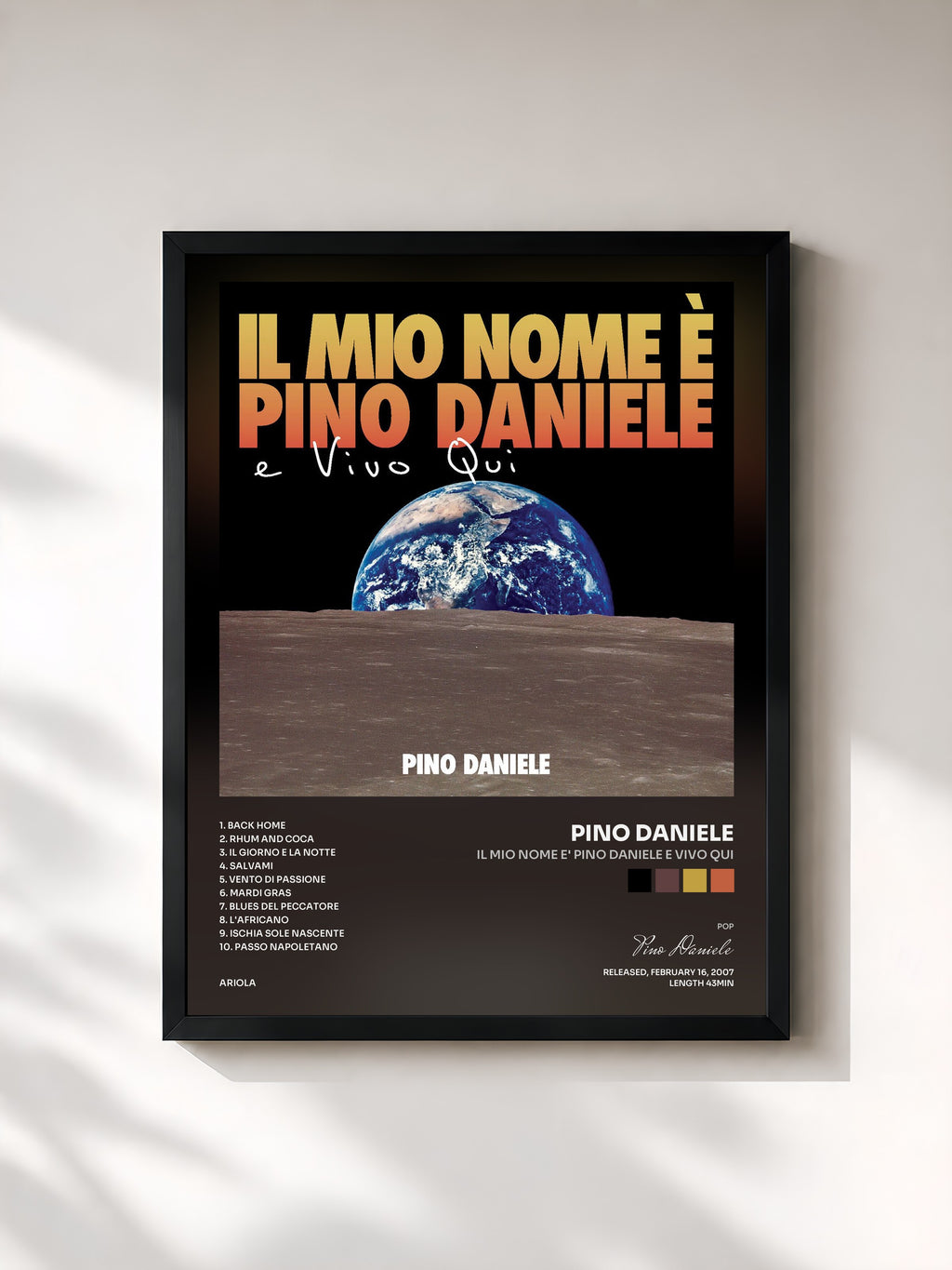 #noir Tableau de l'album Il mio nome e' Pino Daniele e vivo qui de Pino Daniele, cadre noir, imprimé et encadré en France