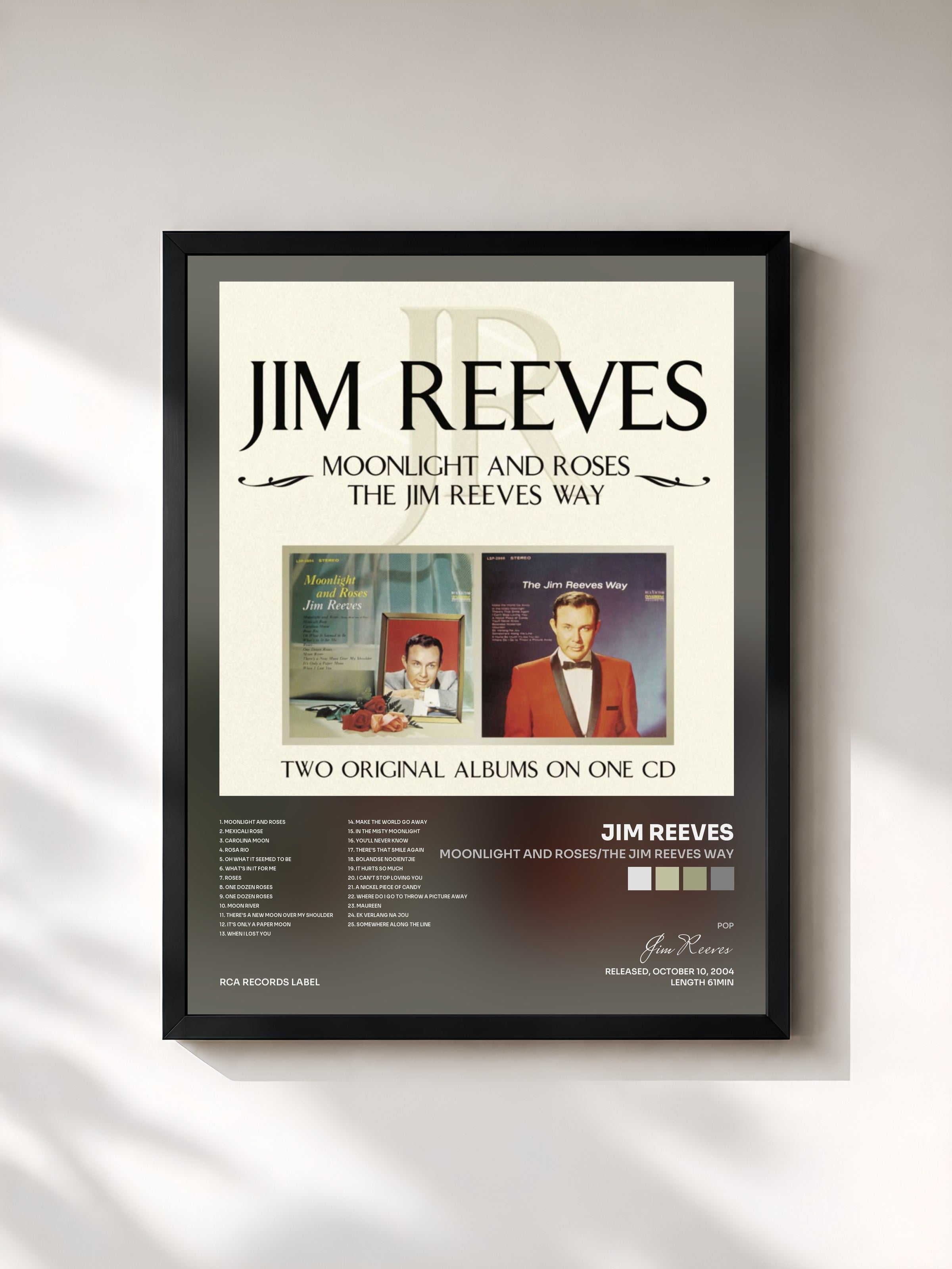 #noir Tableau de l'album Moonlight and Roses/The Jim Reeves Way de Jim Reeves, cadre noir, imprimé et encadré en France