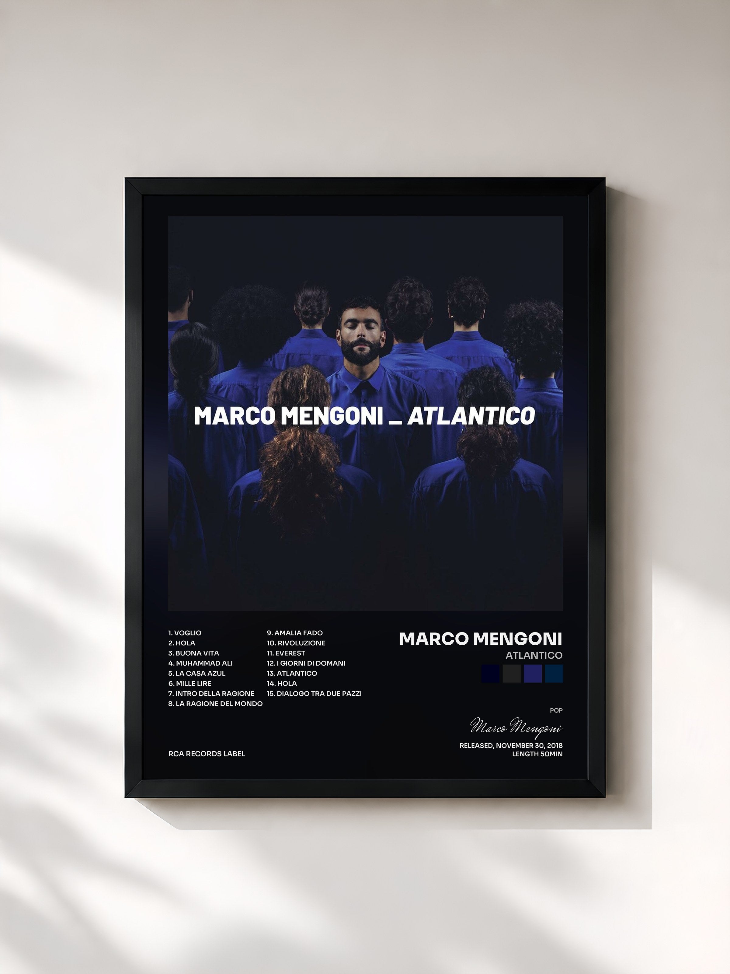 #noir Tableau de l'album Atlantico de Marco Mengoni, cadre noir, imprimé et encadré en France