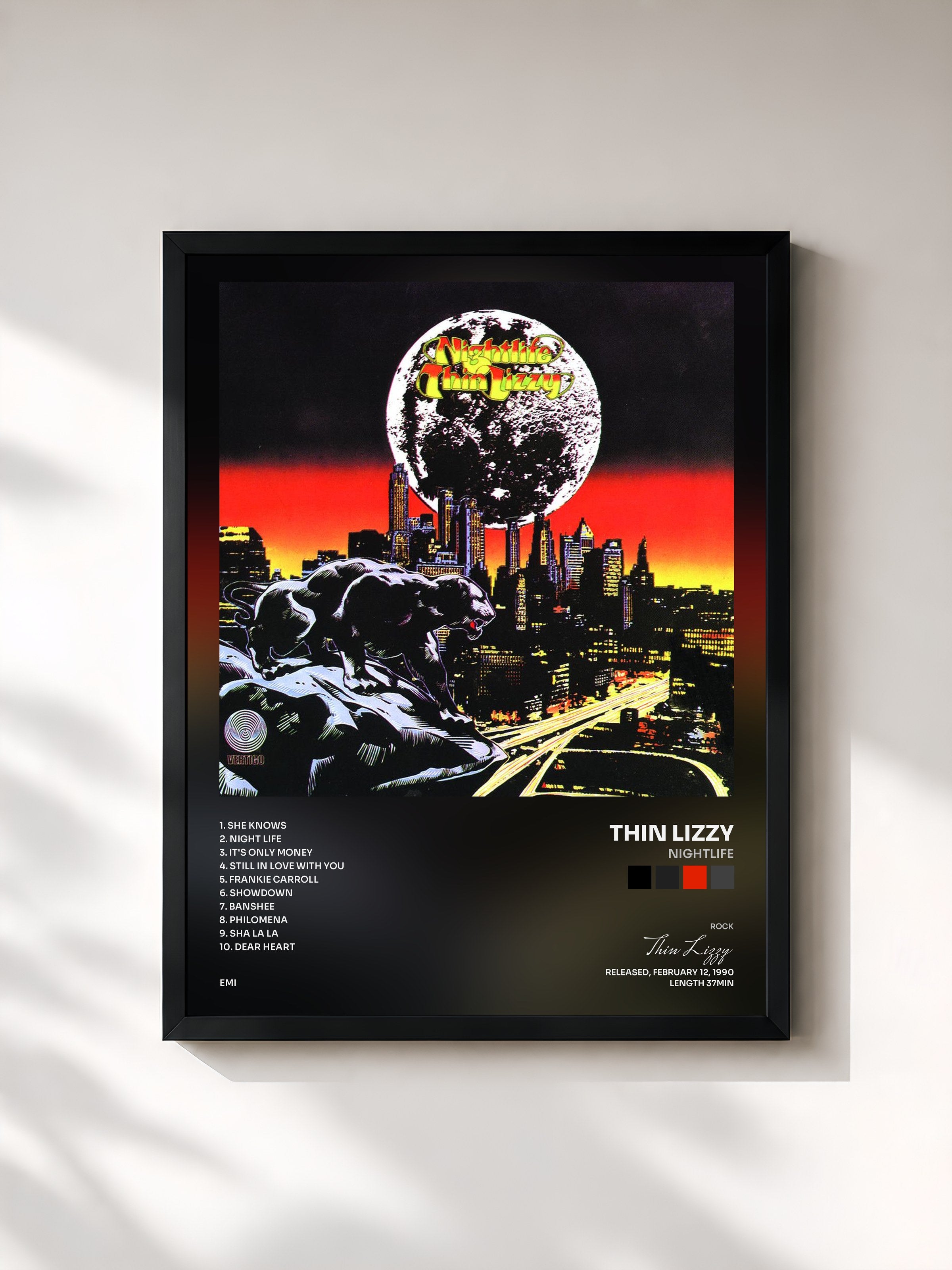 #noir Tableau de l'album Nightlife de Thin Lizzy, cadre noir, imprimé et encadré en France