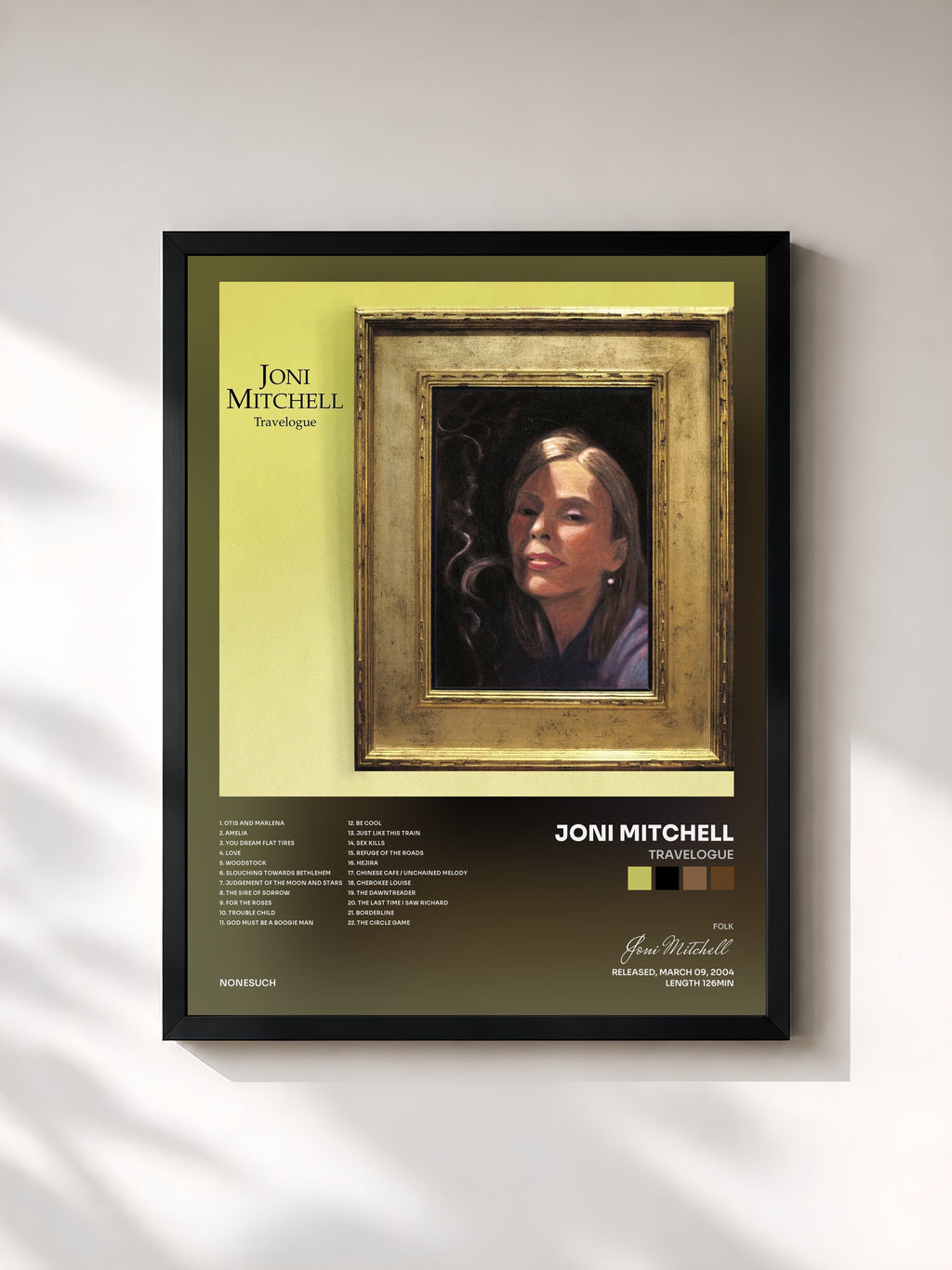 #noir Tableau de l'album Travelogue de Joni Mitchell, cadre noir, imprimé et encadré en France