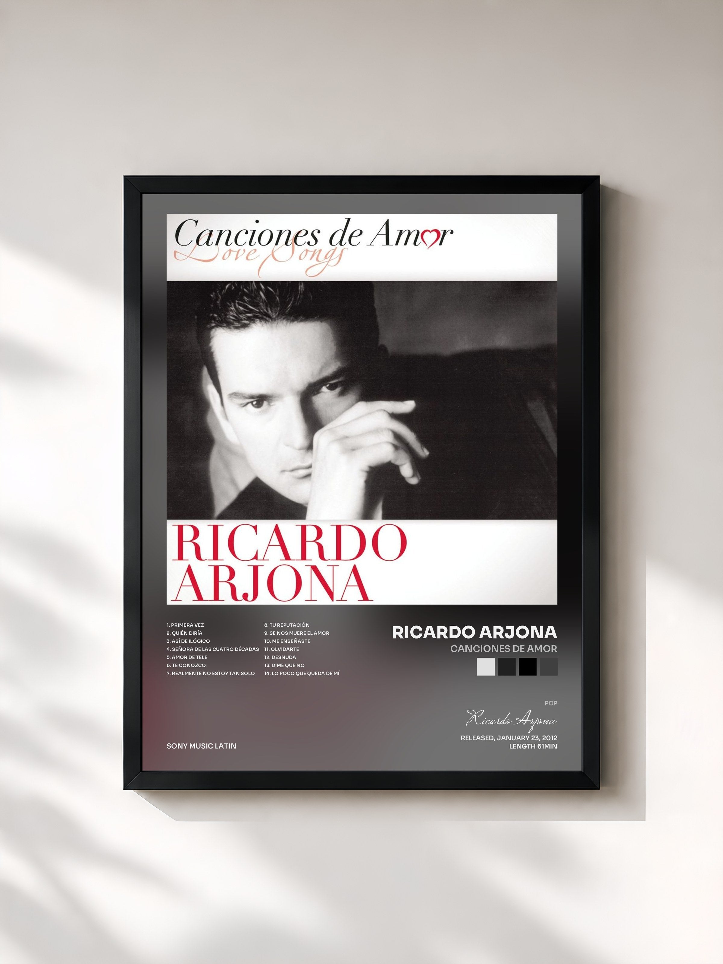 #noir Tableau de l'album Canciones De Amor de Ricardo Arjona, cadre noir, imprimé et encadré en France