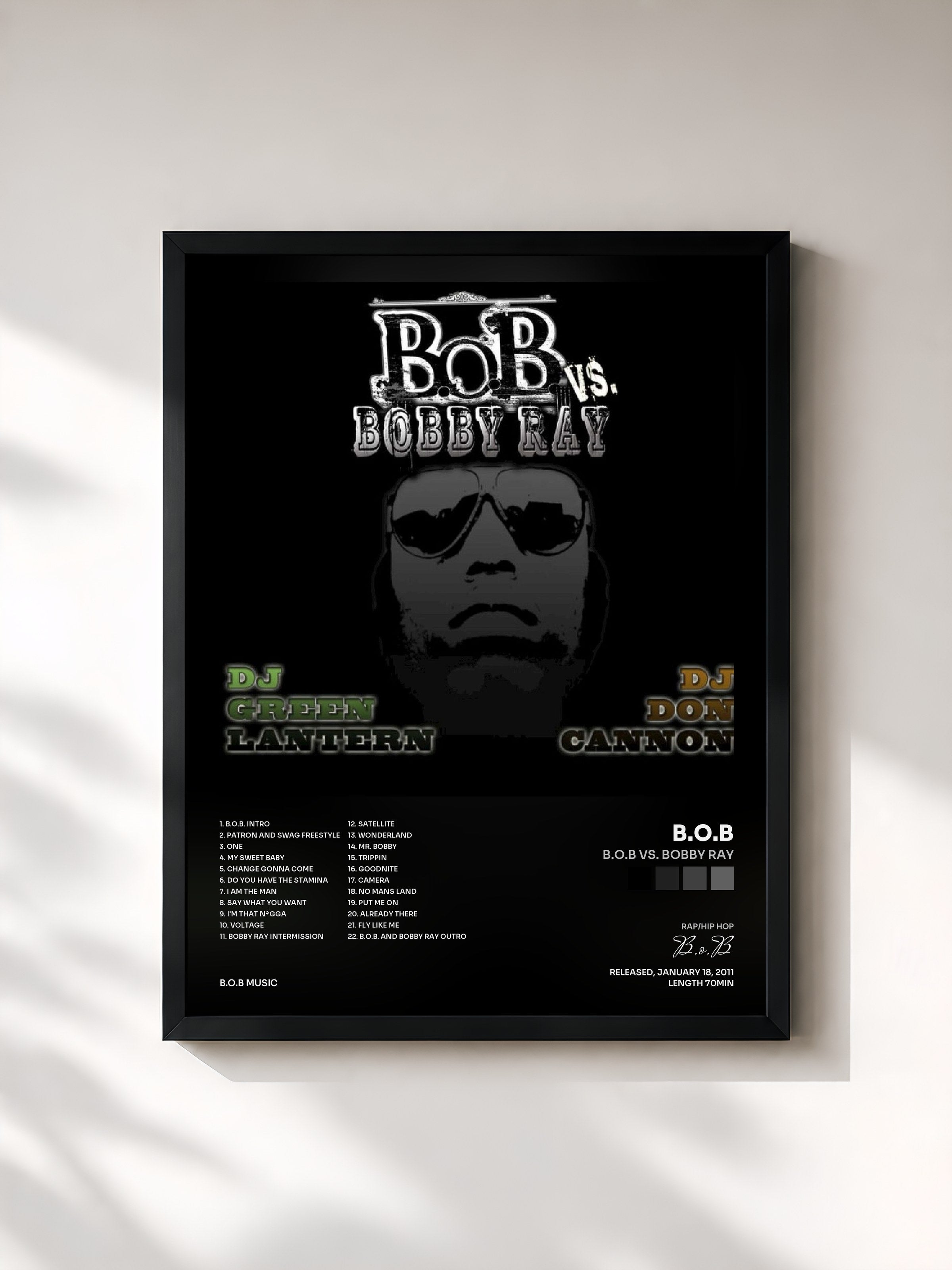 #noir Tableau de l'album B.o.B vs. Bobby Ray de B.o.B, cadre noir, imprimé et encadré en France