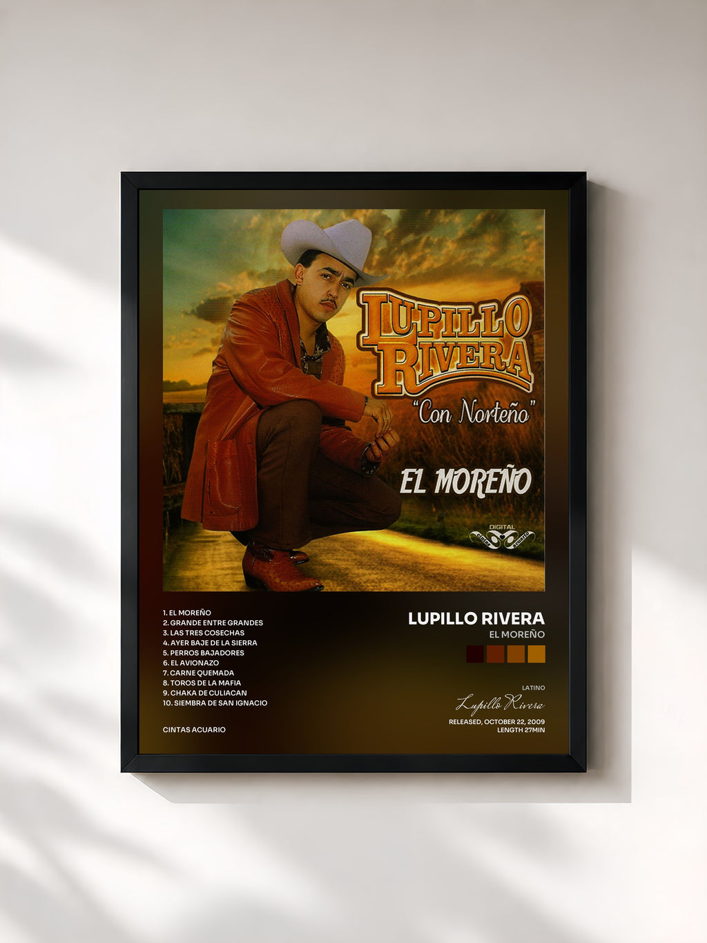 #noir Tableau de l'album El Moreño de Lupillo Rivera, cadre noir, imprimé et encadré en France