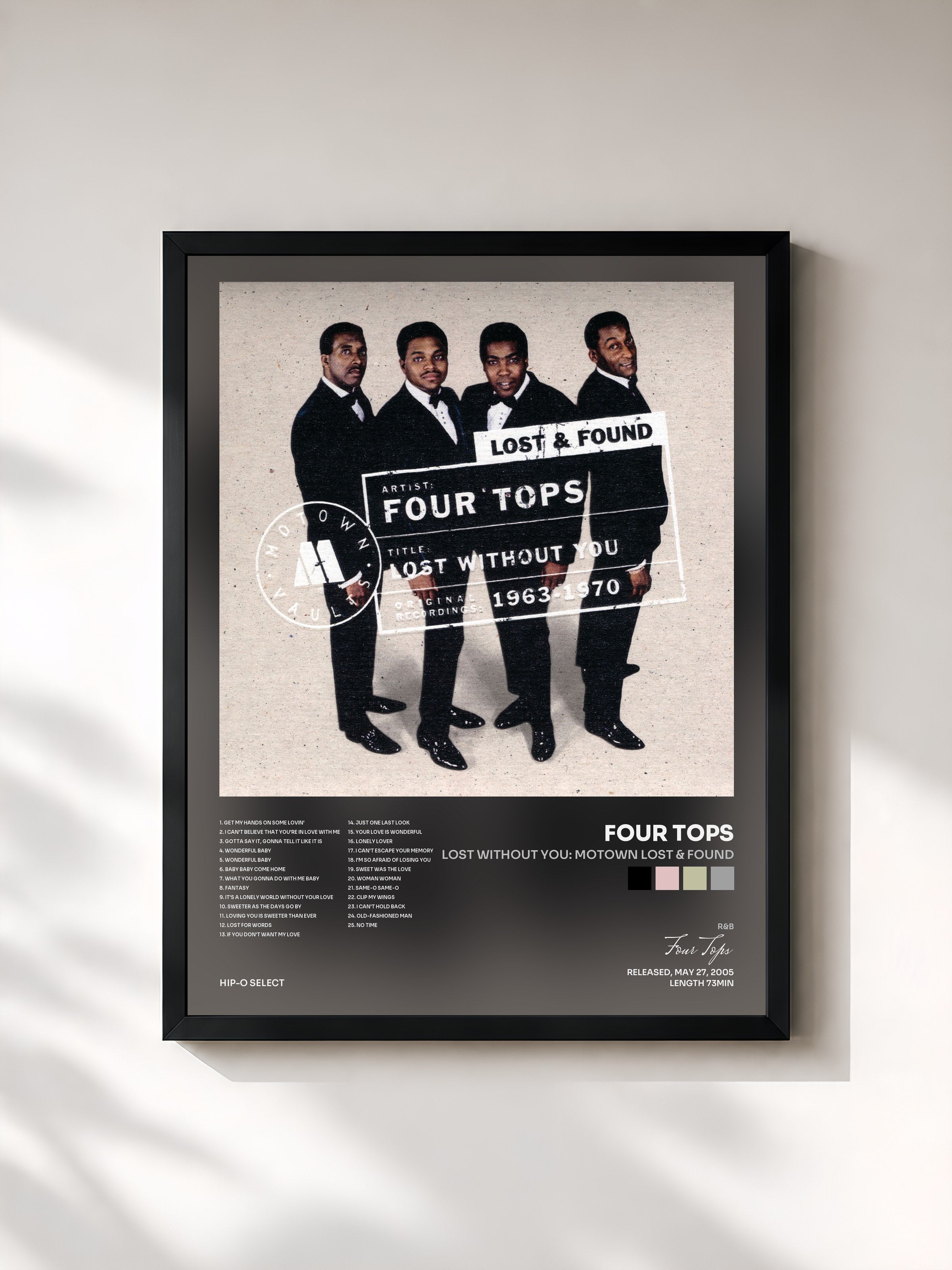 #noir Tableau de l'album Lost Without You: Motown Lost & Found de Four Tops, cadre noir, imprimé et encadré en France
