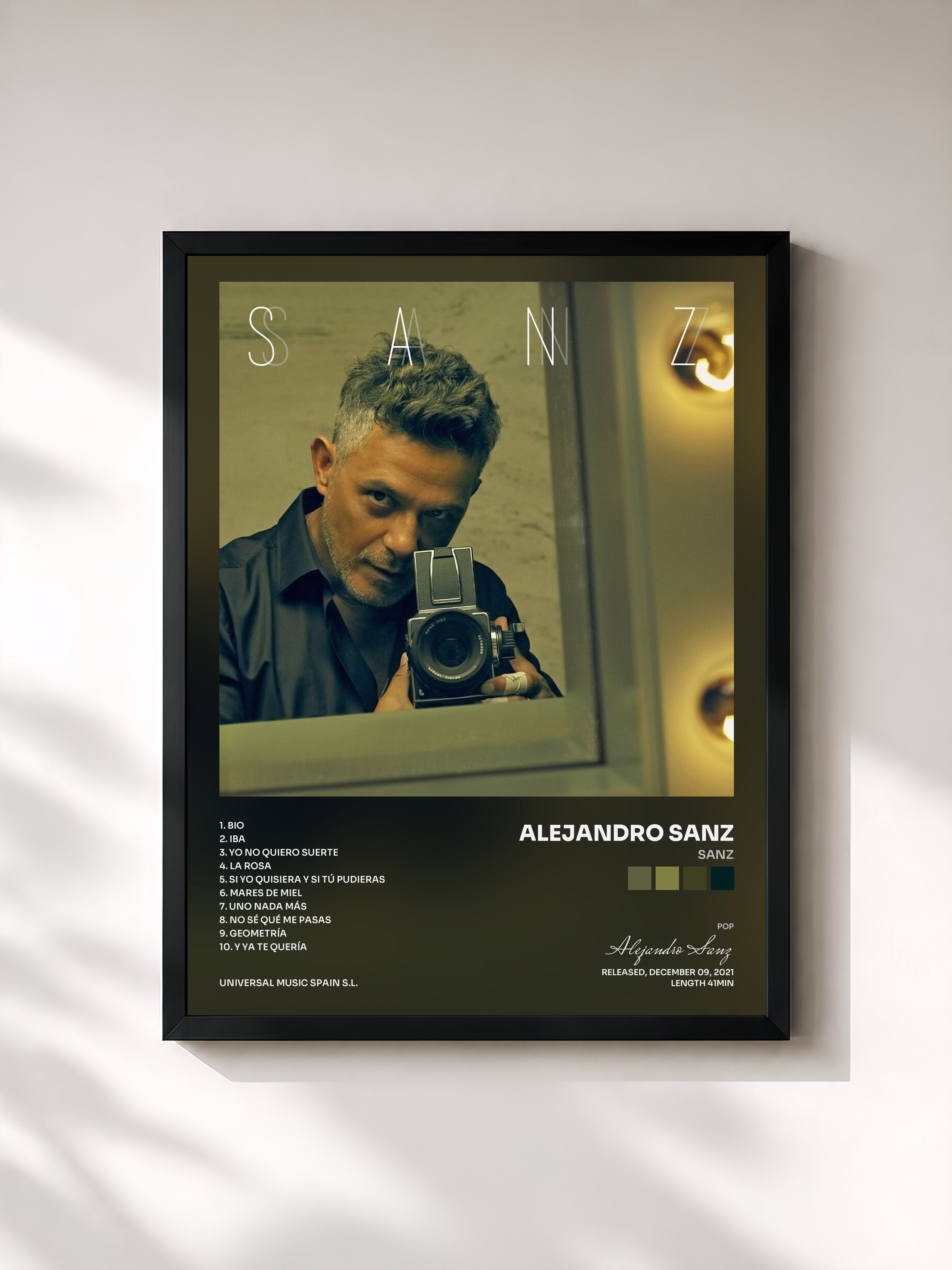 #noir Tableau de l'album Sanz de Alejandro Sanz, cadre noir, imprimé et encadré en France