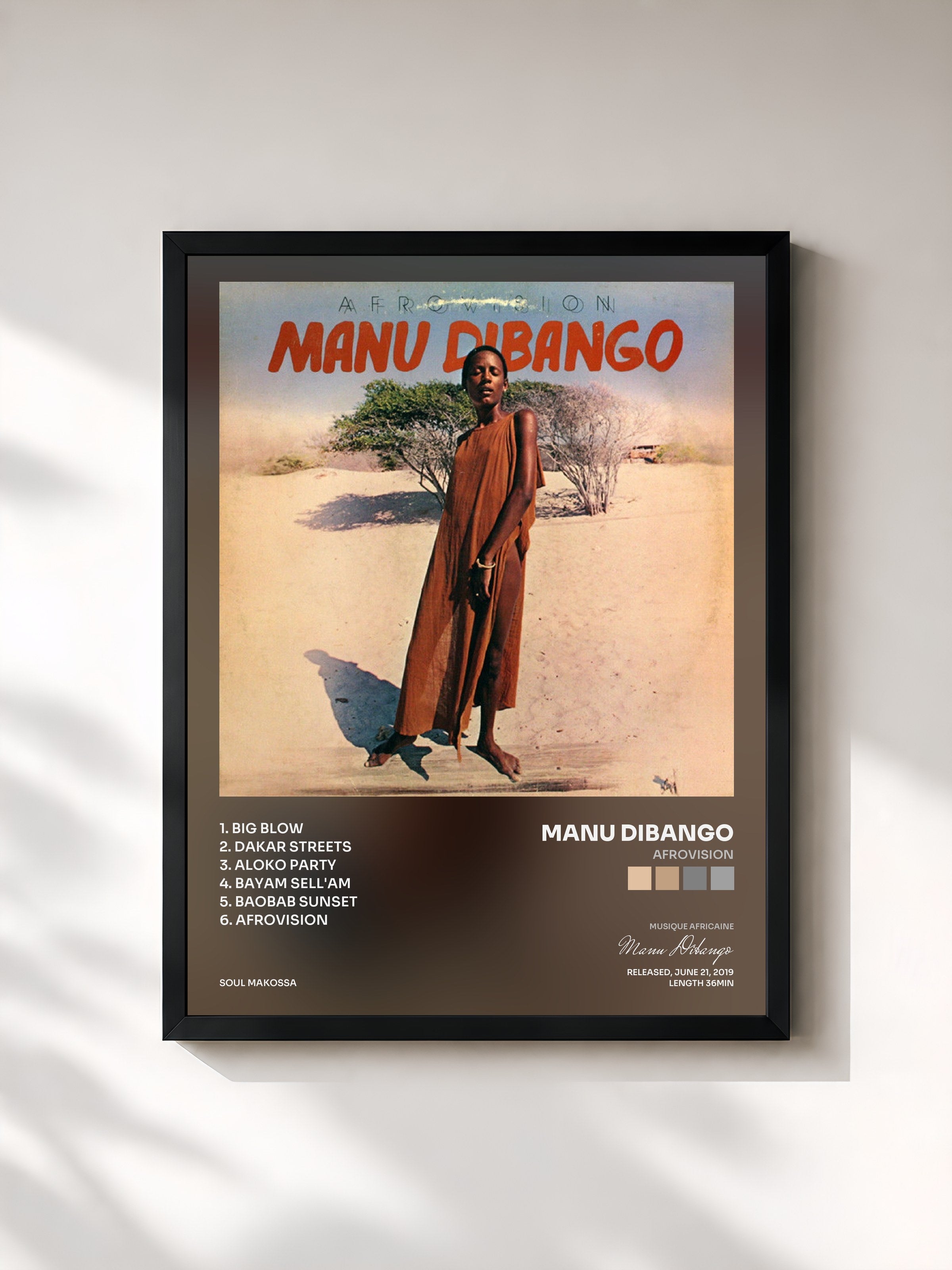 #noir Tableau de l'album Afrovision de Manu Dibango, cadre noir, imprimé et encadré en France