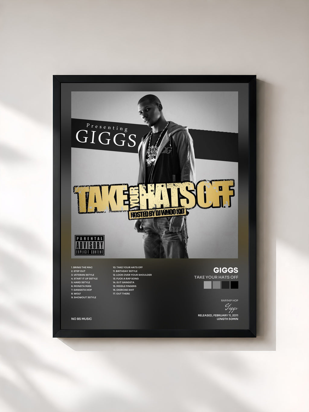 #noir Tableau de l'album Take Your Hats Off de Giggs, cadre noir, imprimé et encadré en France