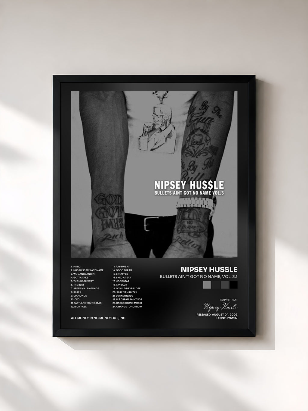 #noir Tableau de l'album Bullets Ain't Got No Name, Vol. 3.1 de Nipsey Hussle, cadre noir, imprimé et encadré en France