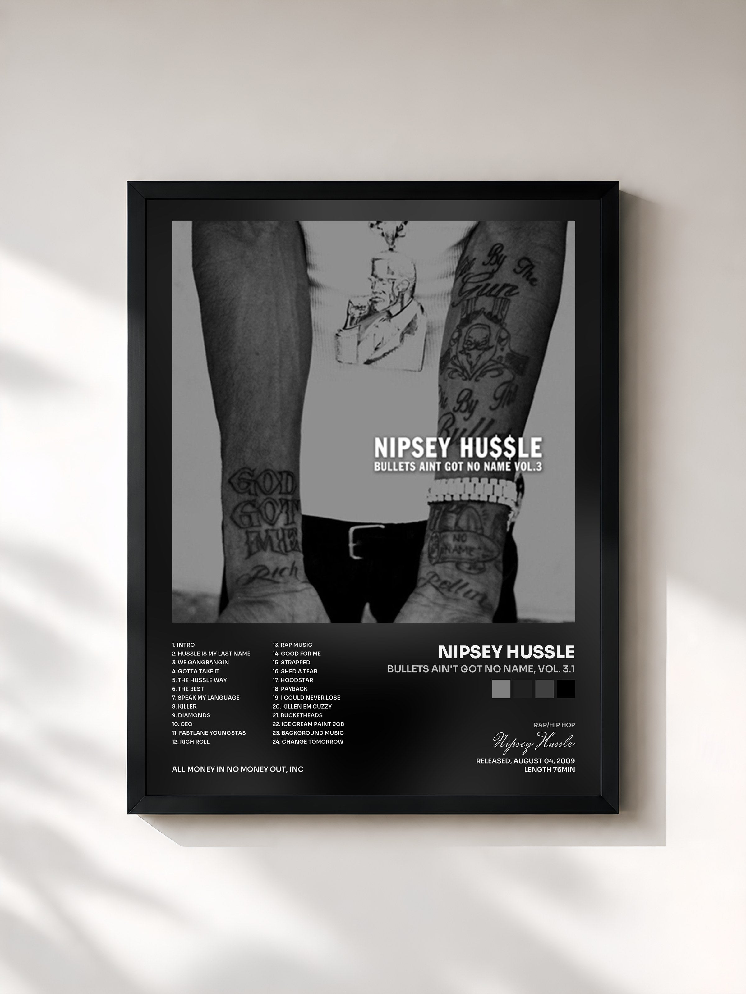 #noir Tableau de l'album Bullets Ain't Got No Name, Vol. 3.1 de Nipsey Hussle, cadre noir, imprimé et encadré en France