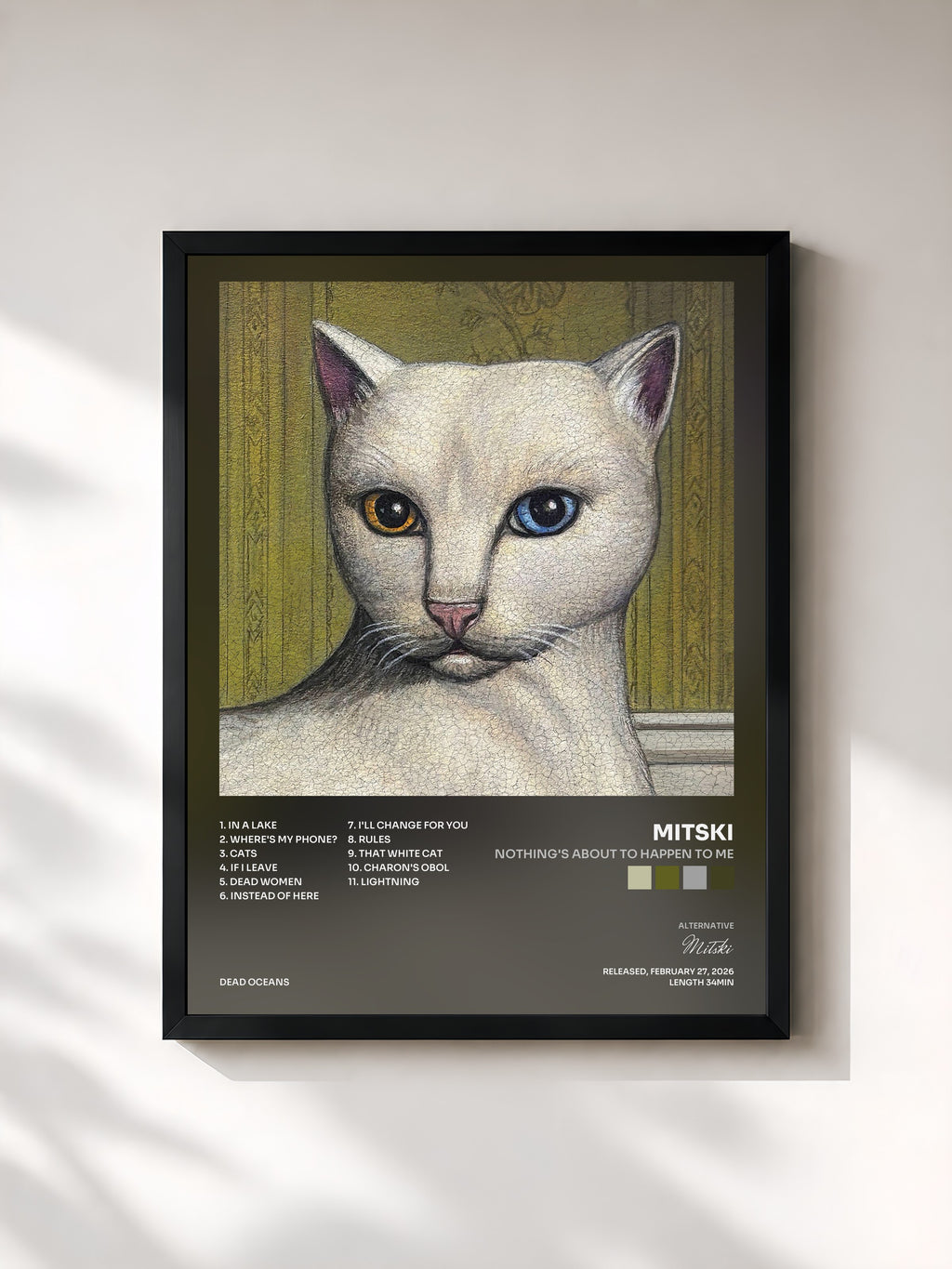 #noir Tableau de l'album Nothing's About to Happen to Me de Mitski, cadre noir, imprimé et encadré en France