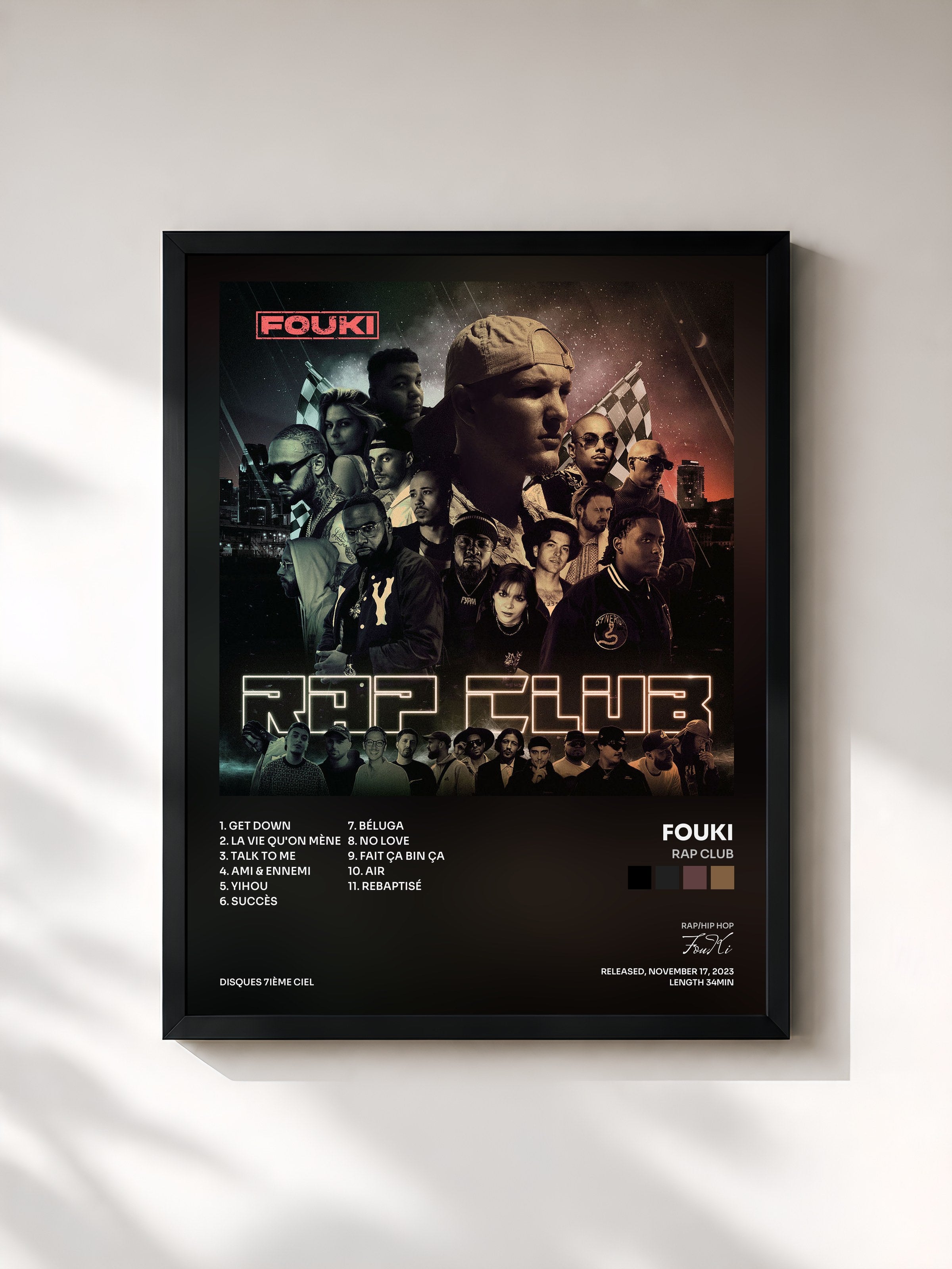#noir Tableau de l'album RAP CLUB de FouKi, cadre noir, imprimé et encadré en France