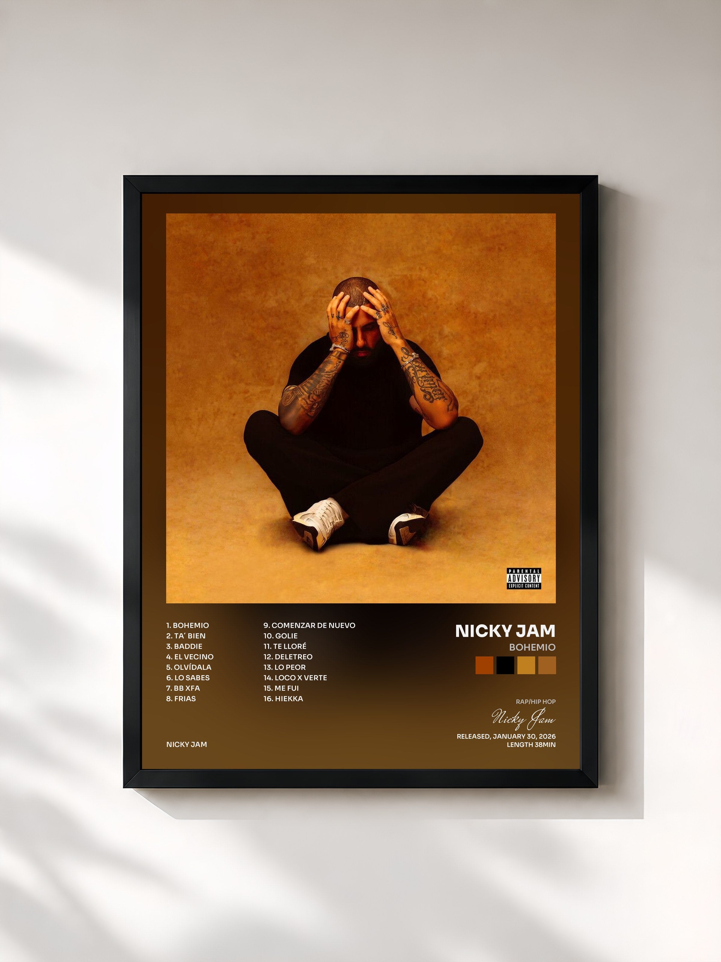 #noir Tableau de l'album Bohemio de Nicky Jam, cadre noir, imprimé et encadré en France
