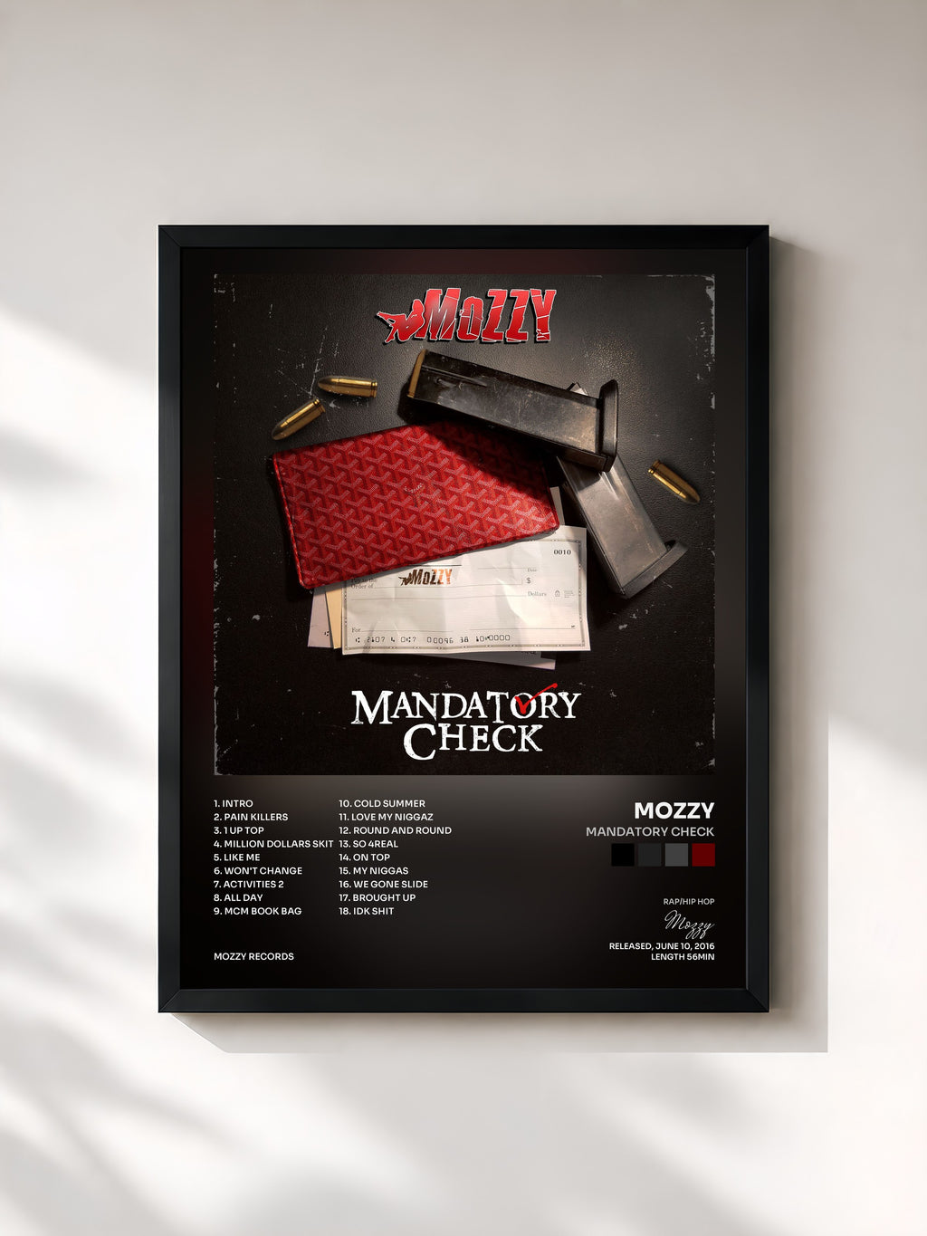 #noir Tableau de l'album Mandatory Check de Mozzy, cadre noir, imprimé et encadré en France