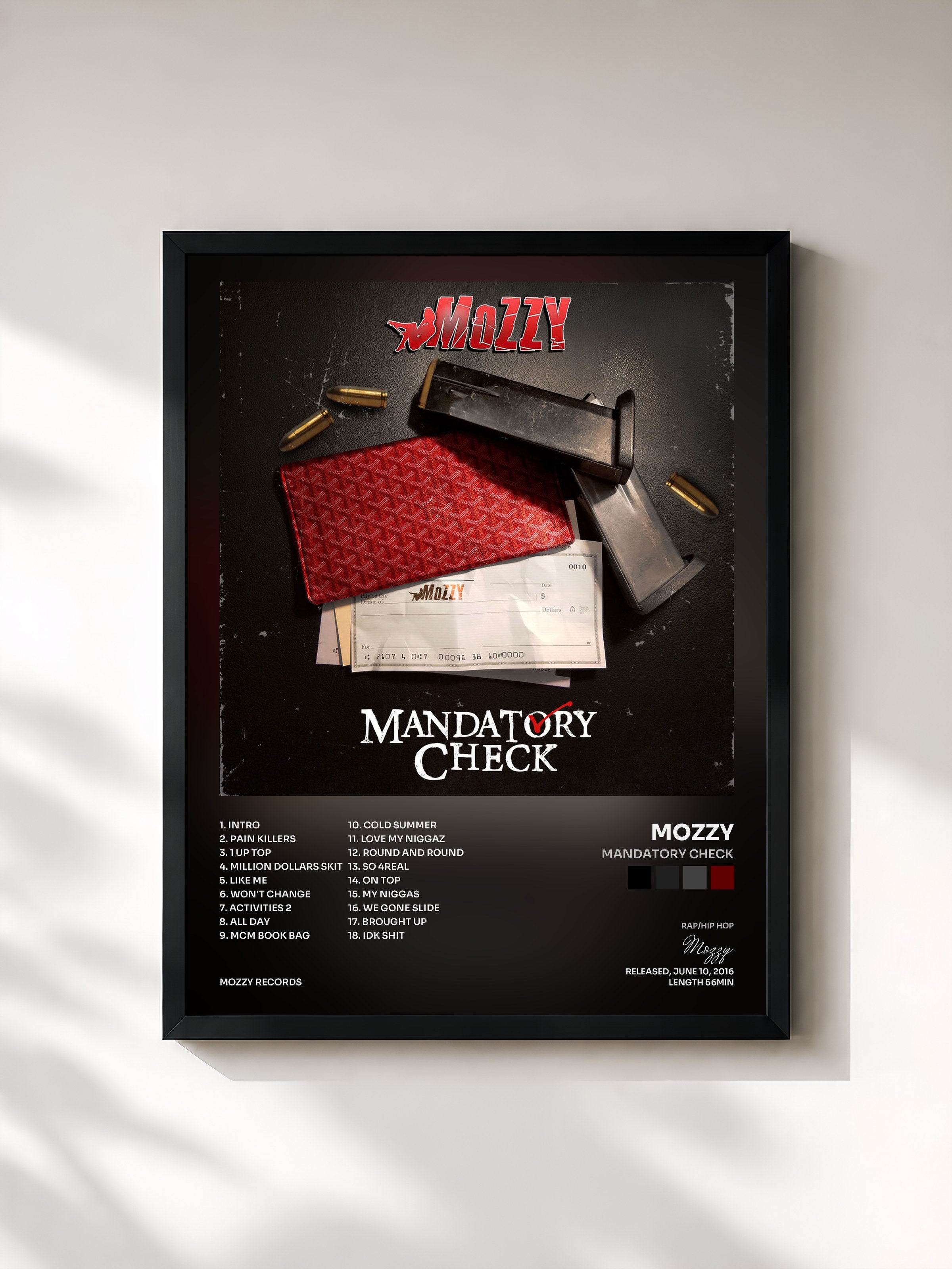 #noir Tableau de l'album Mandatory Check de Mozzy, cadre noir, imprimé et encadré en France