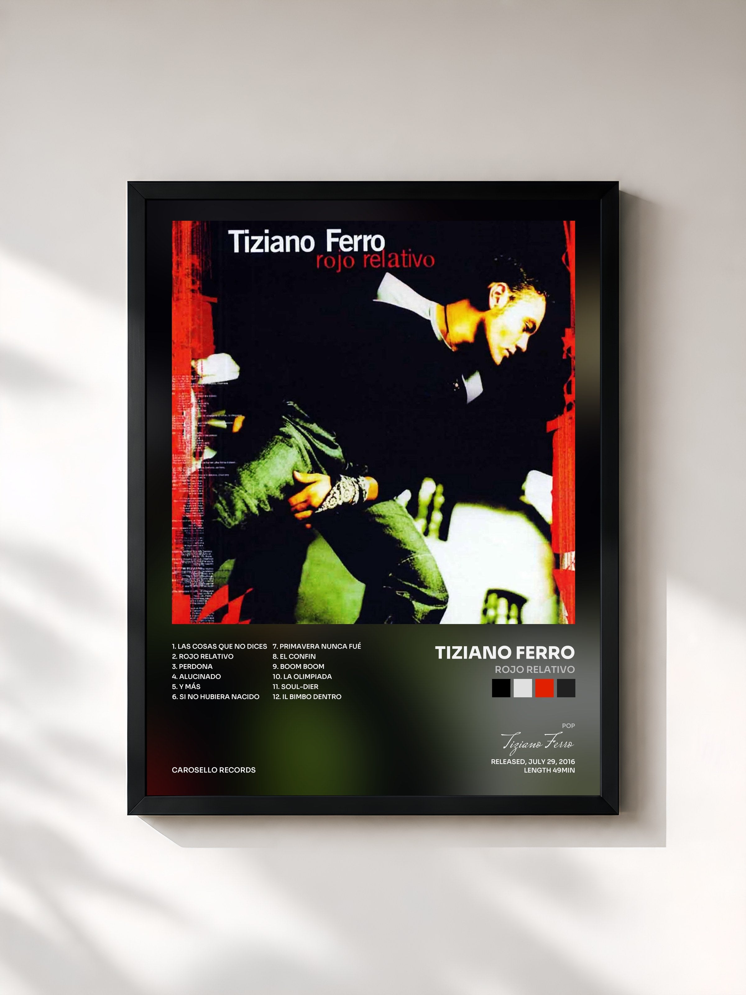 #noir Tableau de l'album Rojo Relativo de Tiziano Ferro, cadre noir, imprimé et encadré en France