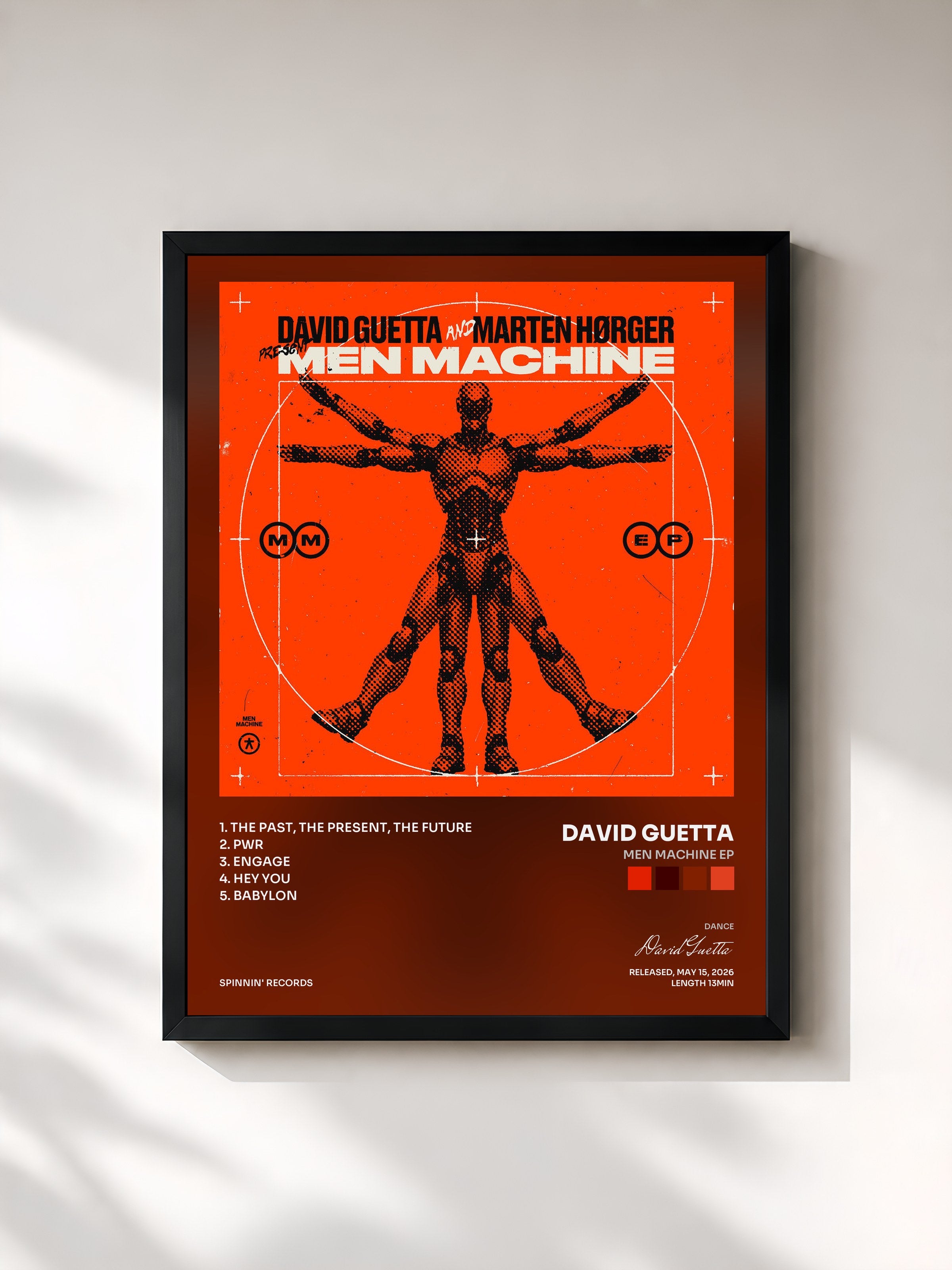 #noir Tableau de l'album Men Machine EP de David Guetta, cadre noir, imprimé et encadré en France