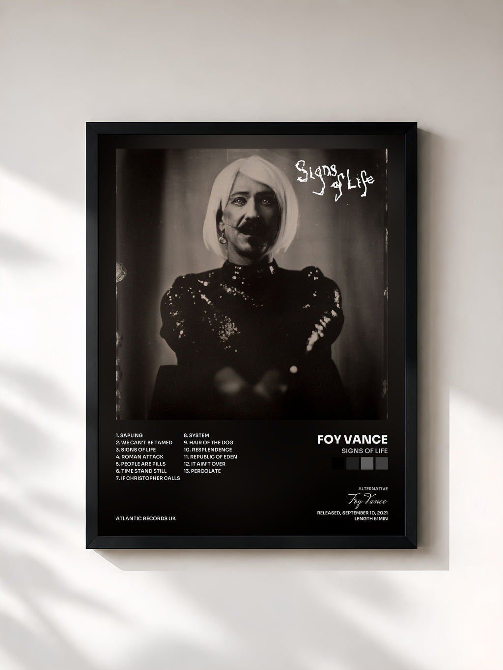 #noir Tableau de l'album Signs of Life de Foy Vance, cadre noir, imprimé et encadré en France