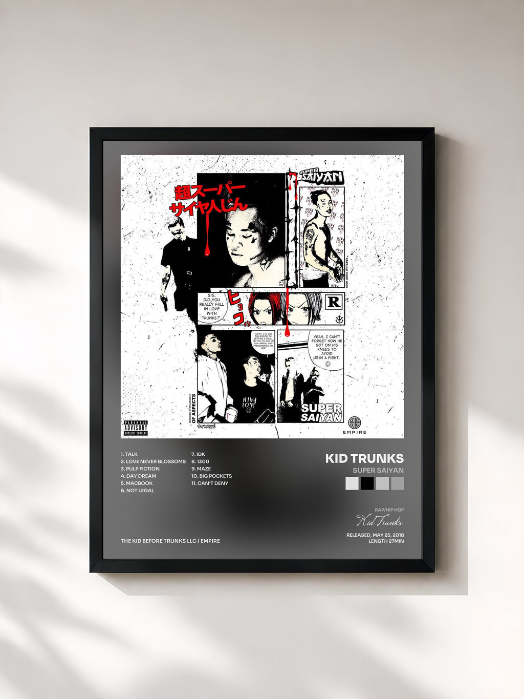 #noir Tableau de l'album Super Saiyan de Kid Trunks, cadre noir, imprimé et encadré en France