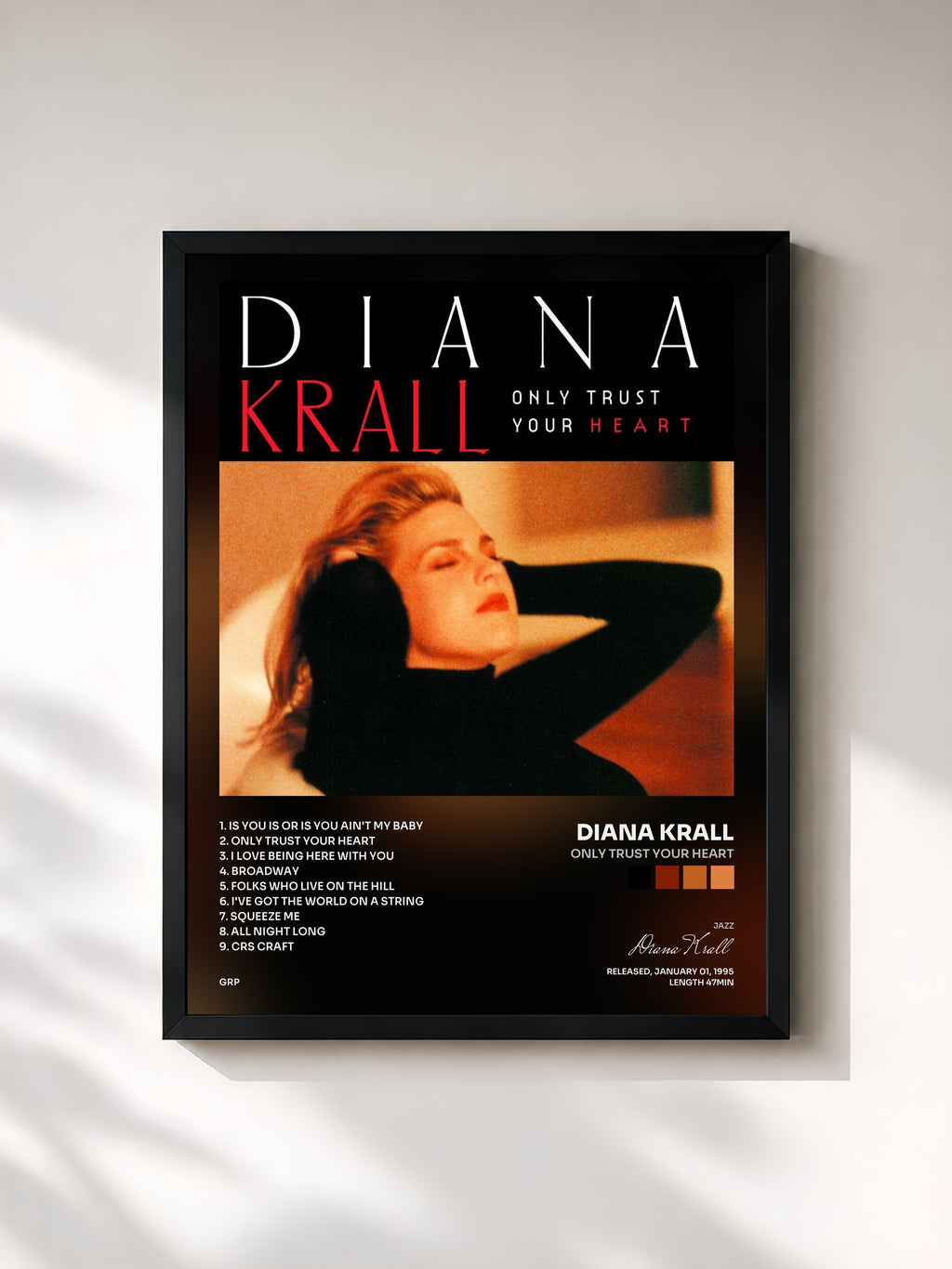 #noir Tableau de l'album Only Trust Your Heart de Diana Krall, cadre noir, imprimé et encadré en France