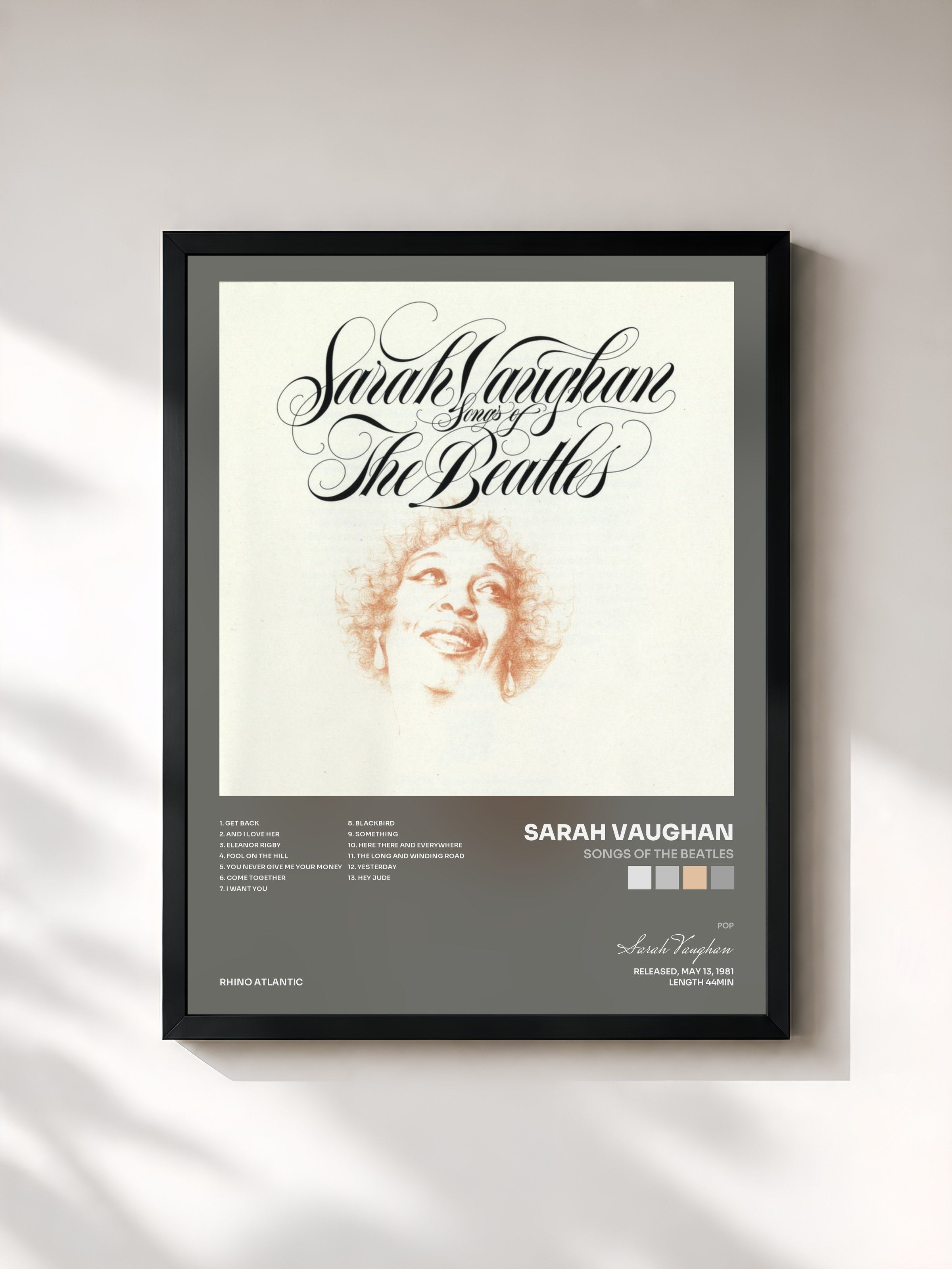 #noir Tableau de l'album Songs Of The Beatles de Sarah Vaughan, cadre noir, imprimé et encadré en France