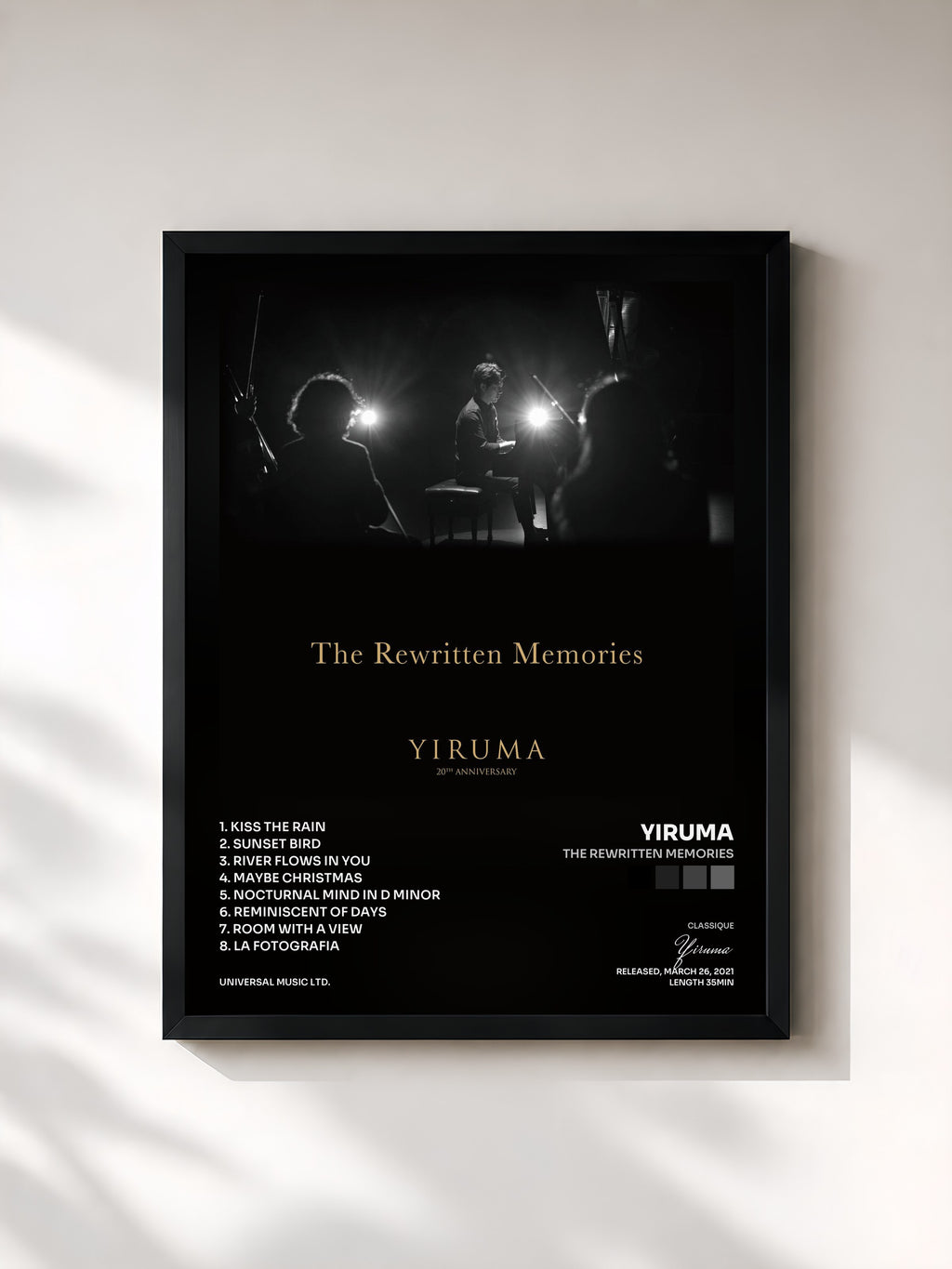 #noir Tableau de l'album The Rewritten Memories de Yiruma, cadre noir, imprimé et encadré en France